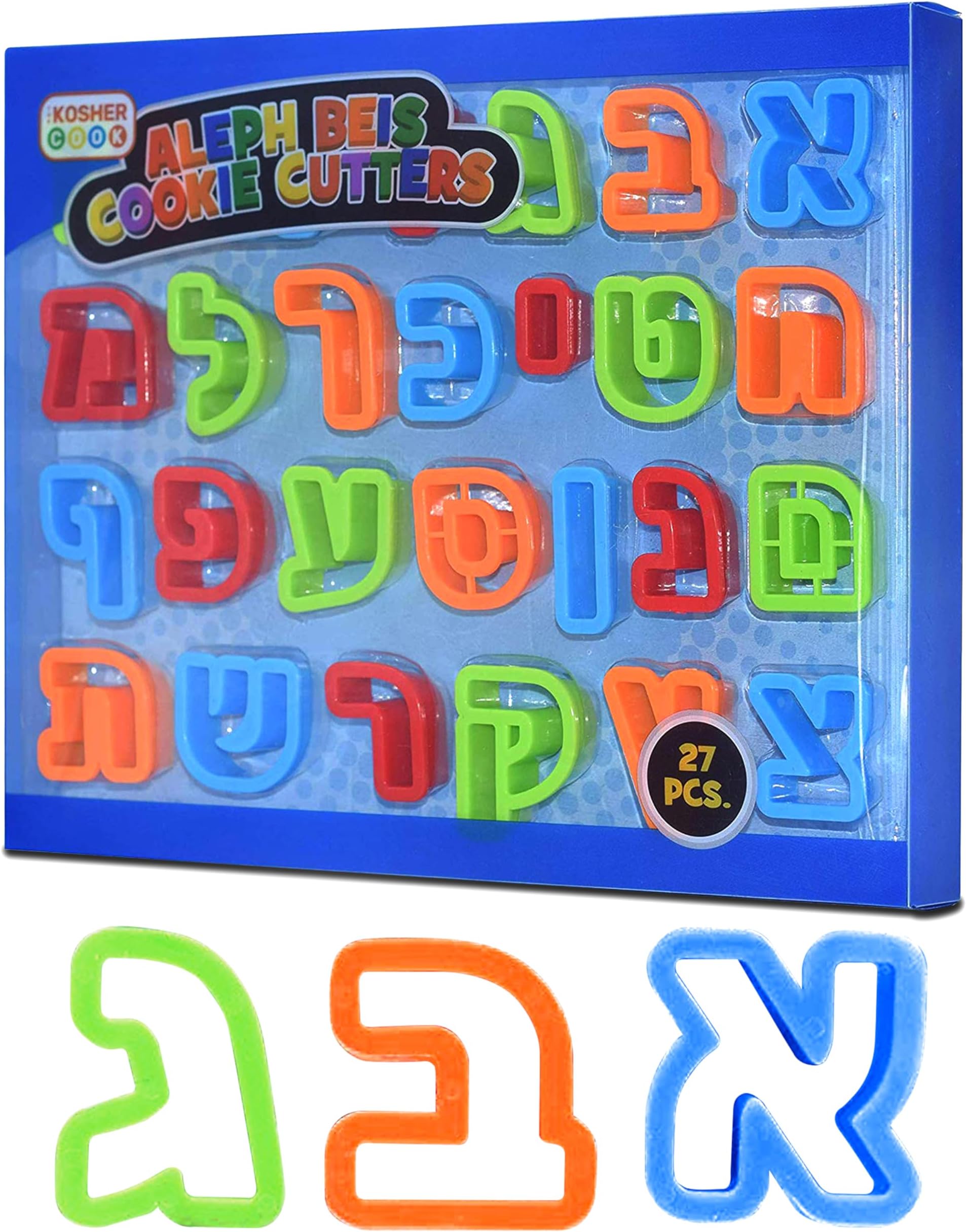 The Kosher Cook Aleph Bet Cookie Cutter Set, Plastic Large Letters of Hebrew Alphabet and Rolled Edges, Hand Wash Only - 27 Pieces