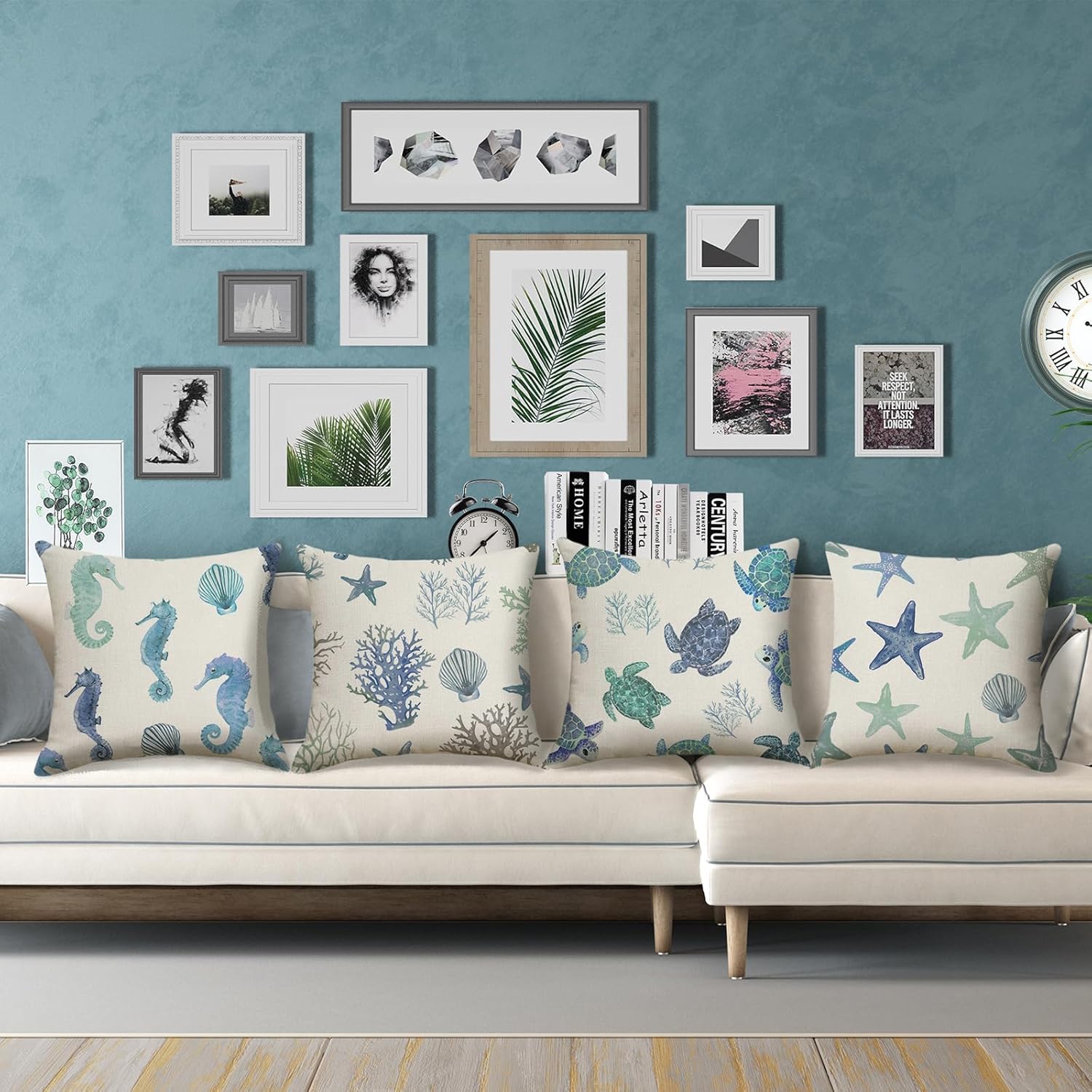 HOSTECCO Waterproof Coastal Throw Pillow Covers 18x18 inch Set of 4 Starfish Seahorse Outdoor Pillow Cases Blue Sea Coral Decorative Cushion Covers for Patio Sofa Chair