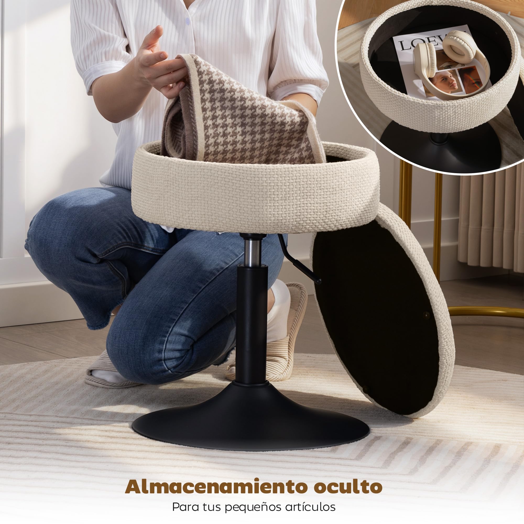 HOMCOM Taburete de Bar con Almacenaje, Altura Ajustable, Taburete de Cocina Redondo, Giratorio, Tapizado en Chenilla, Base de Acero, Diseño Botones, Acolchado, para Salón, Comedor, Oficina, Beige