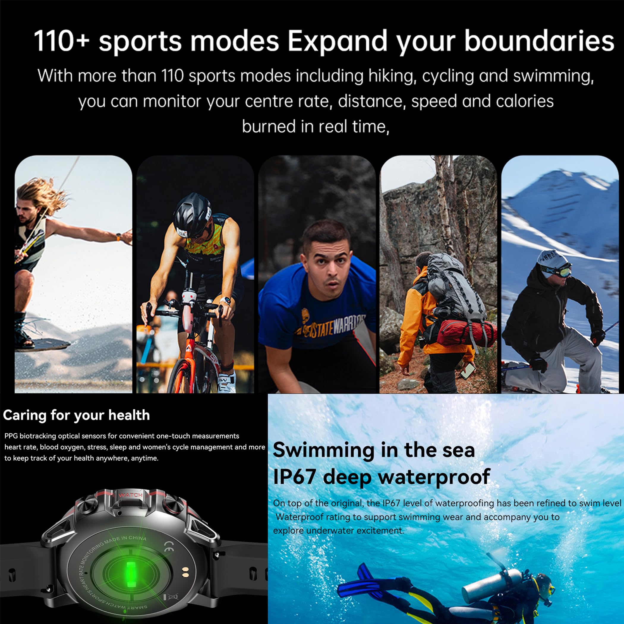 Reloj inteligente AMOLED de 1,43 pulgadas para hombre con función de teléfono, 5 ATM, rastreador de actividad con podómetro, 123 modos deportivos, monitor de sueño, presión arterial, reloj de