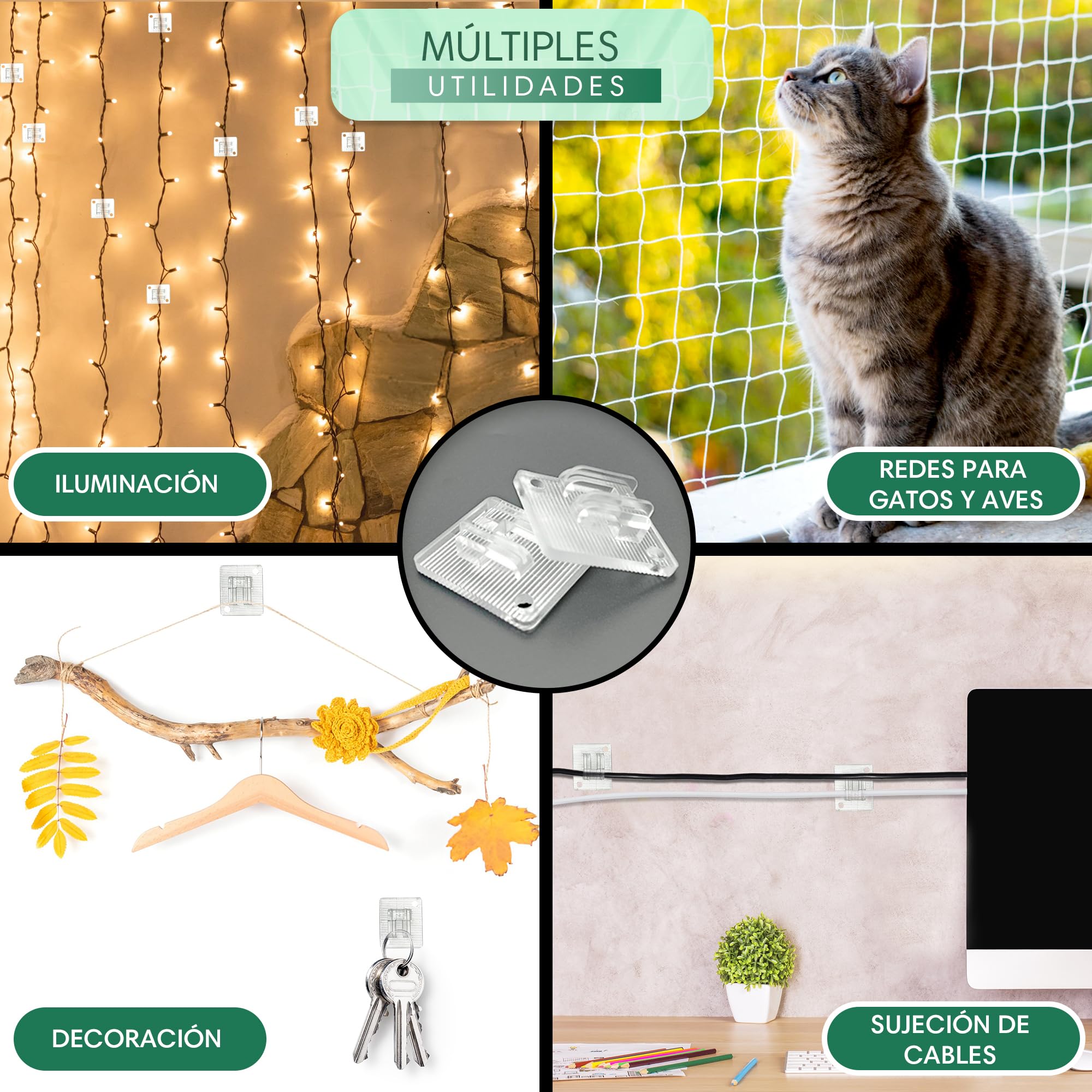 Kit de Fijación Red Sin Taladros | Juguete Gratis | Pack 70 Ganchos Adhesivos + 100ml Pegamento Universal +35 Bridas + Lija | Red para Gatos Terraza | Clips Anti UV | Red Gatos Terraza