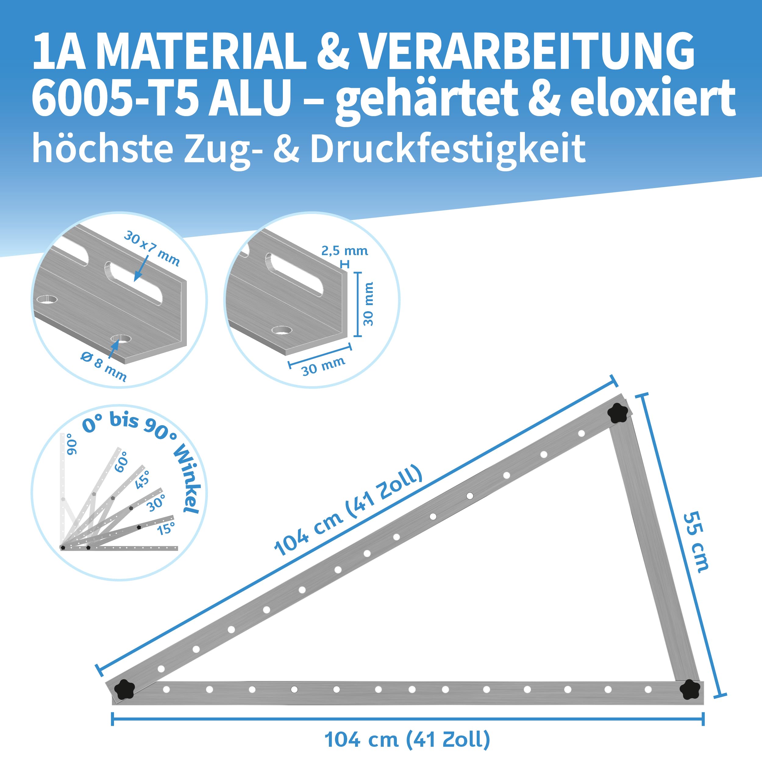 Solarmodul Halterung Alu 104 cm 41“ 4er Set 2 Paar - 0-90° Winkel einstellbar Montage & Befestigungs Set für Flachdach Aufständerung Balkonkraftwerk Solarpanel auf Balkon Garage Wand