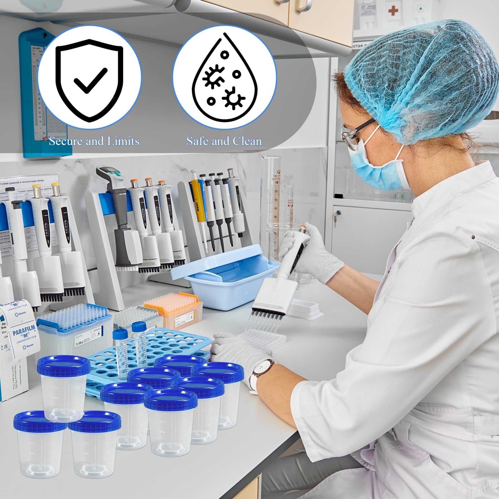100 Stück Urinbecher mit Schraubdeckel 120ml - Auslaufsicherer Probenbecher mit Skala, Transparenter Probenbehälter für Urinproben, Labor & als Farbmischbecher (Blau)