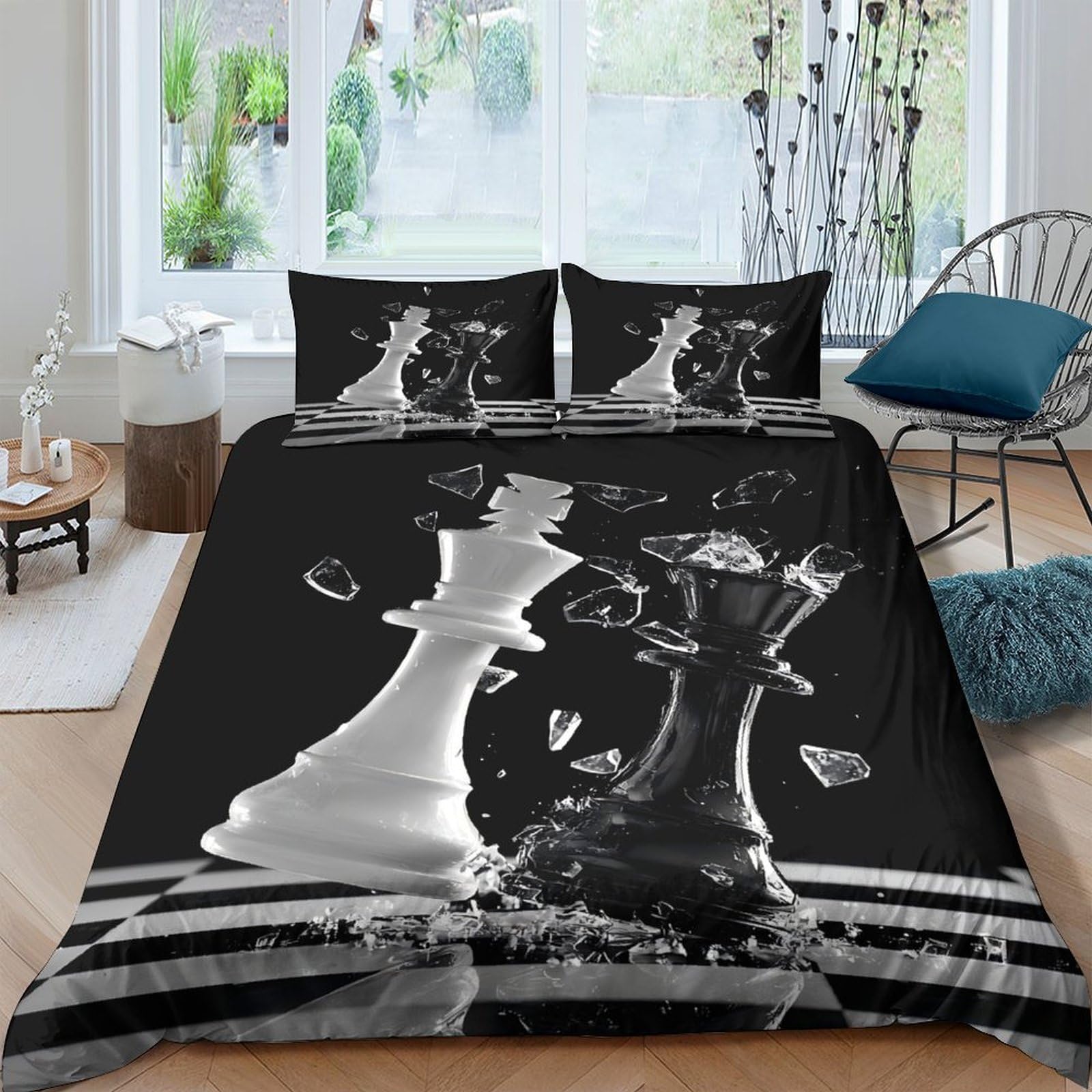Ctjqhvkz Style-1 3D Printed Chess Battle Fitted Sheet Microfiber Soft Black White King Queen Bed Cover For Bedroom Dorm Easy Care Single（135X200cm）