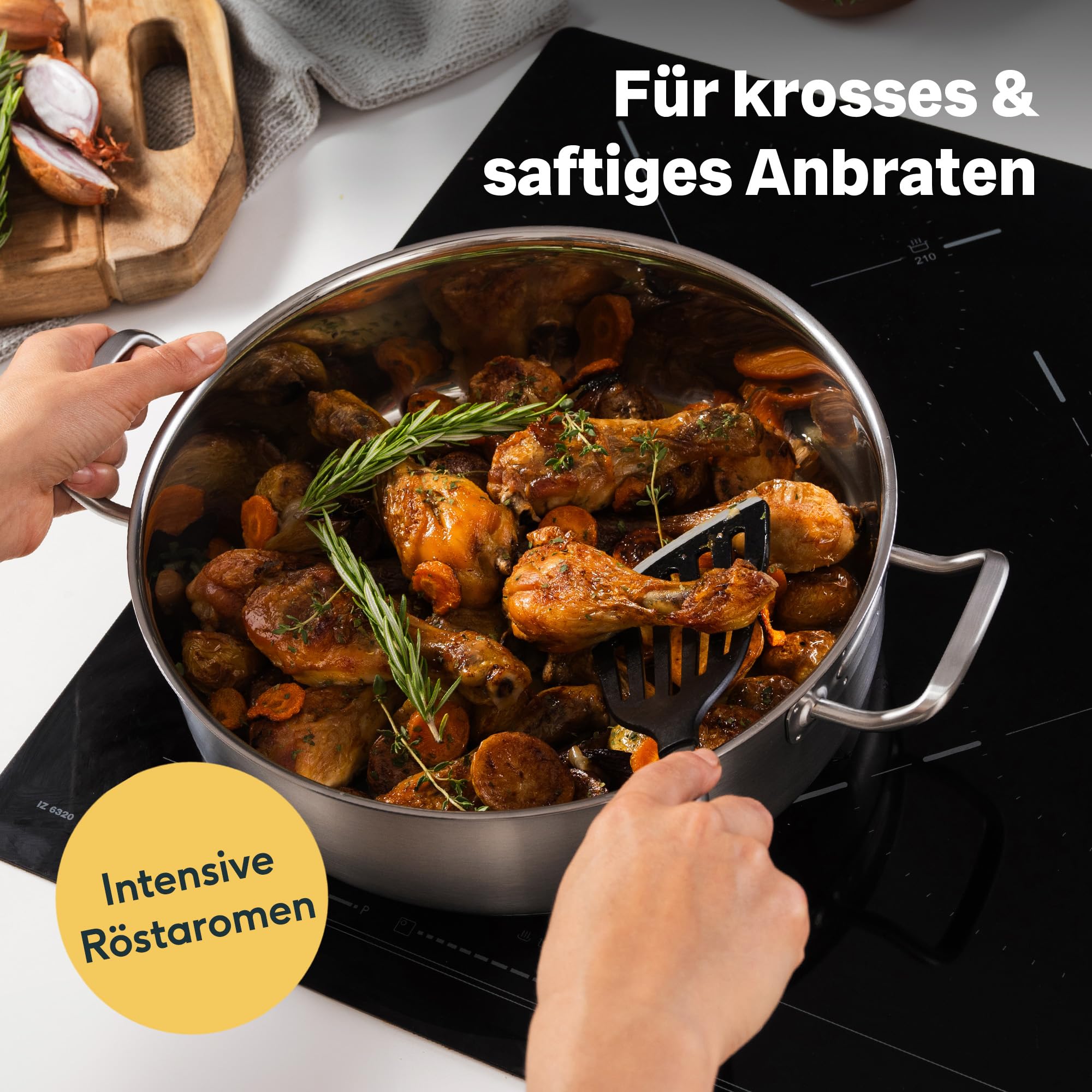 SILBERTHAL Schmorpfanne Unbeschichtet 28 cm hoher Rand | Servierpfanne mit Deckel - Backofengeeignet bis zu 400° - Induktionsgeeignet - 5l