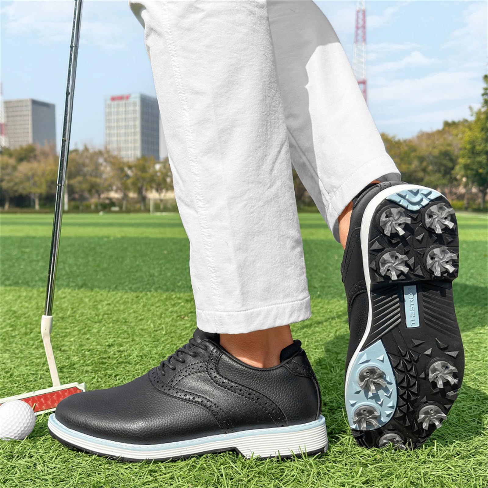 Scarpe da Golf Professionali da Donna con Borchie Scarpe da Lavoro in Pelle con Lacci Impermeabili Antiscivolo E Comode
