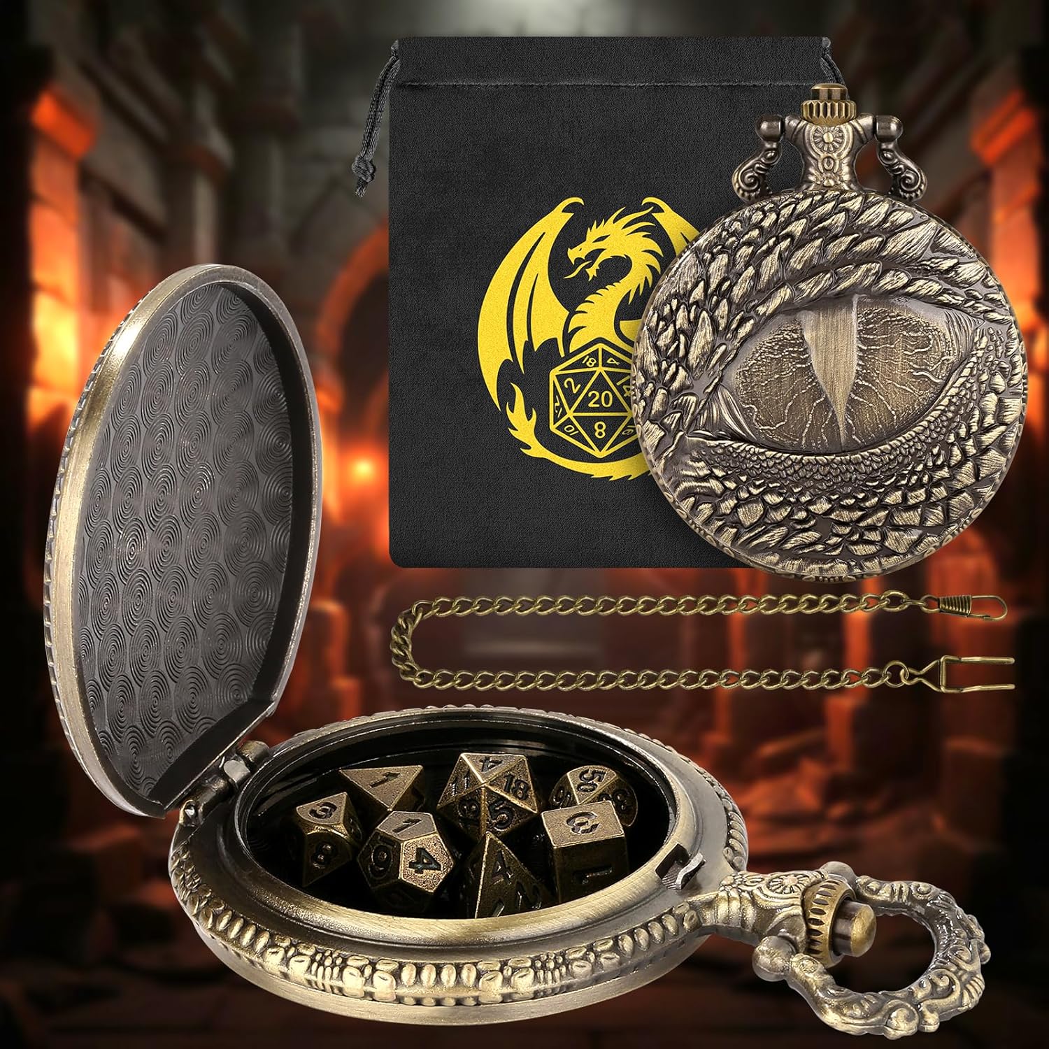 Mini DND Dice Set with Retro Dragon's eyes Pocket Watch Shell Case, DND Starter Set, 7pcs Polyhedral Mini Metal Dice Set, D&D Gifts with Gift Bag, Role Playing Board Game Accessories, Bronze