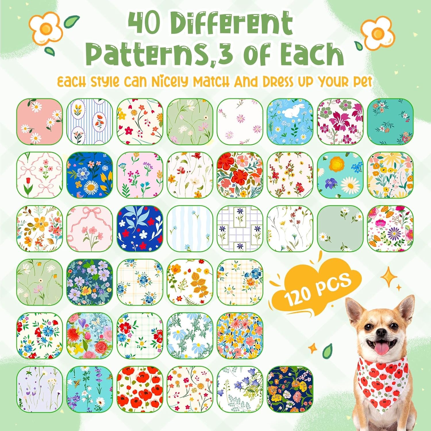 120 Pcs Spring Dog Bandanas Bulk Floral Printing Pet Bandanas Dog Handkerchiefs Spring Scarf Bibs Triangle Bibs Adjustable Kerchief Pet Grooming Costume Accessories