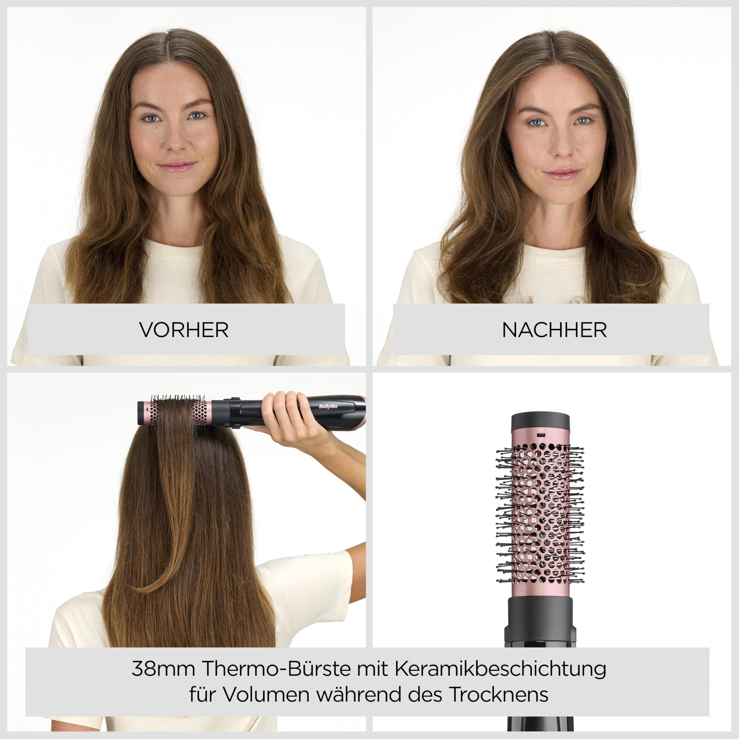 BaByliss Perfect Finish - 1000W Warmluftbürste. 3 Aufsätze zum Glätten, Volumen & Formen, 2 Temperatureinstellungen + Kaltstufe, Ionen-Technologie für Anti-Frizz, schwarz, AS126E