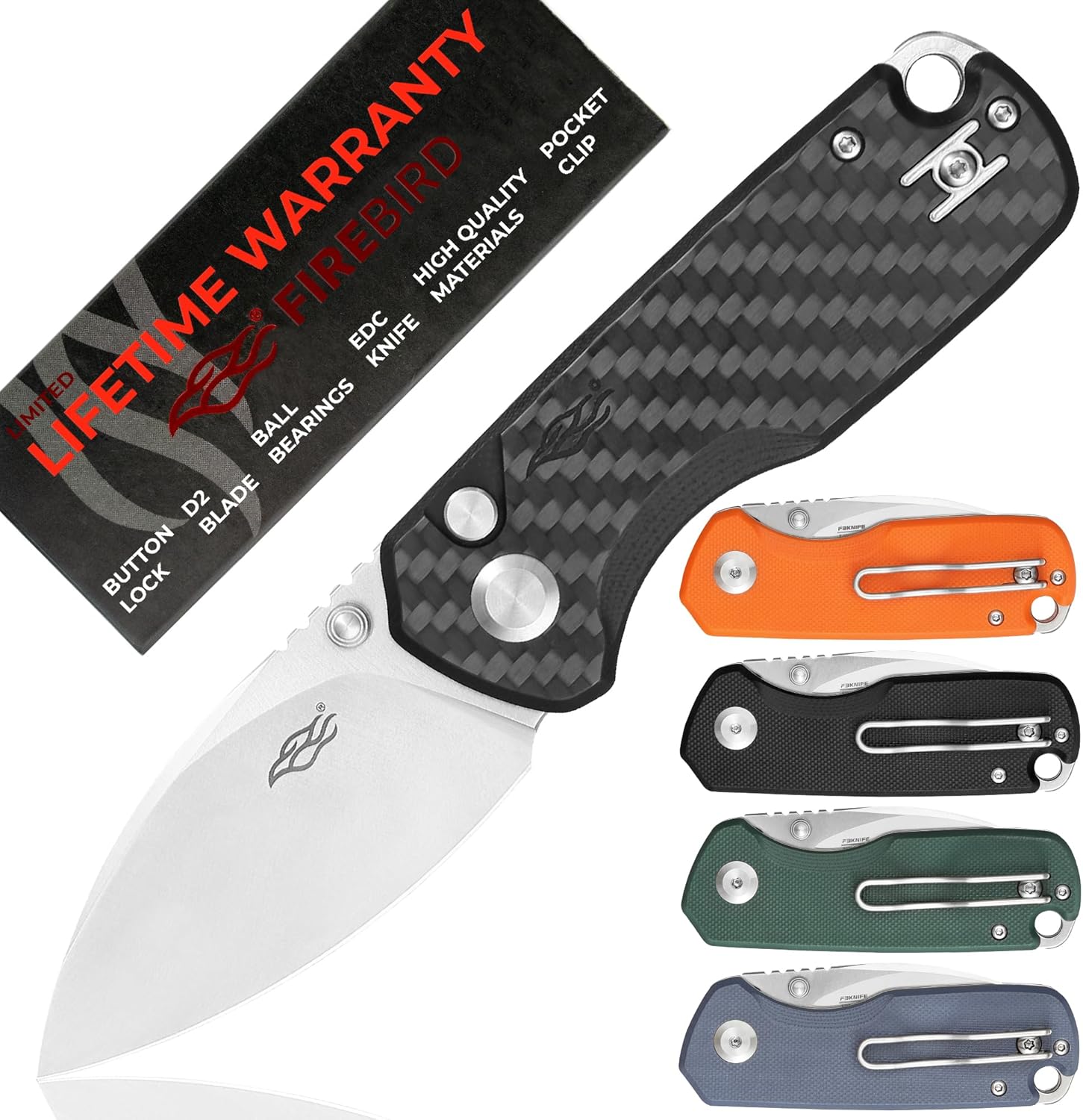 Firebird GANZO FH925-CF Small Pocket Folding Knife Button Lock D2 Steel Blade G10 Anti-Slip Handle with Clip Camping Outdoor EDC Utility Knife Best Gift for Men Women (Carbon Fiber)