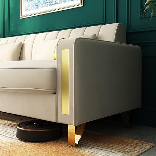 Miniatura 3 de Sofá cama modular de tela de terciopelo de 85.62 pulgadas, 3 asientos, fácil de montar con 2 almohadas de sofá, patas de metal dorado para sala de