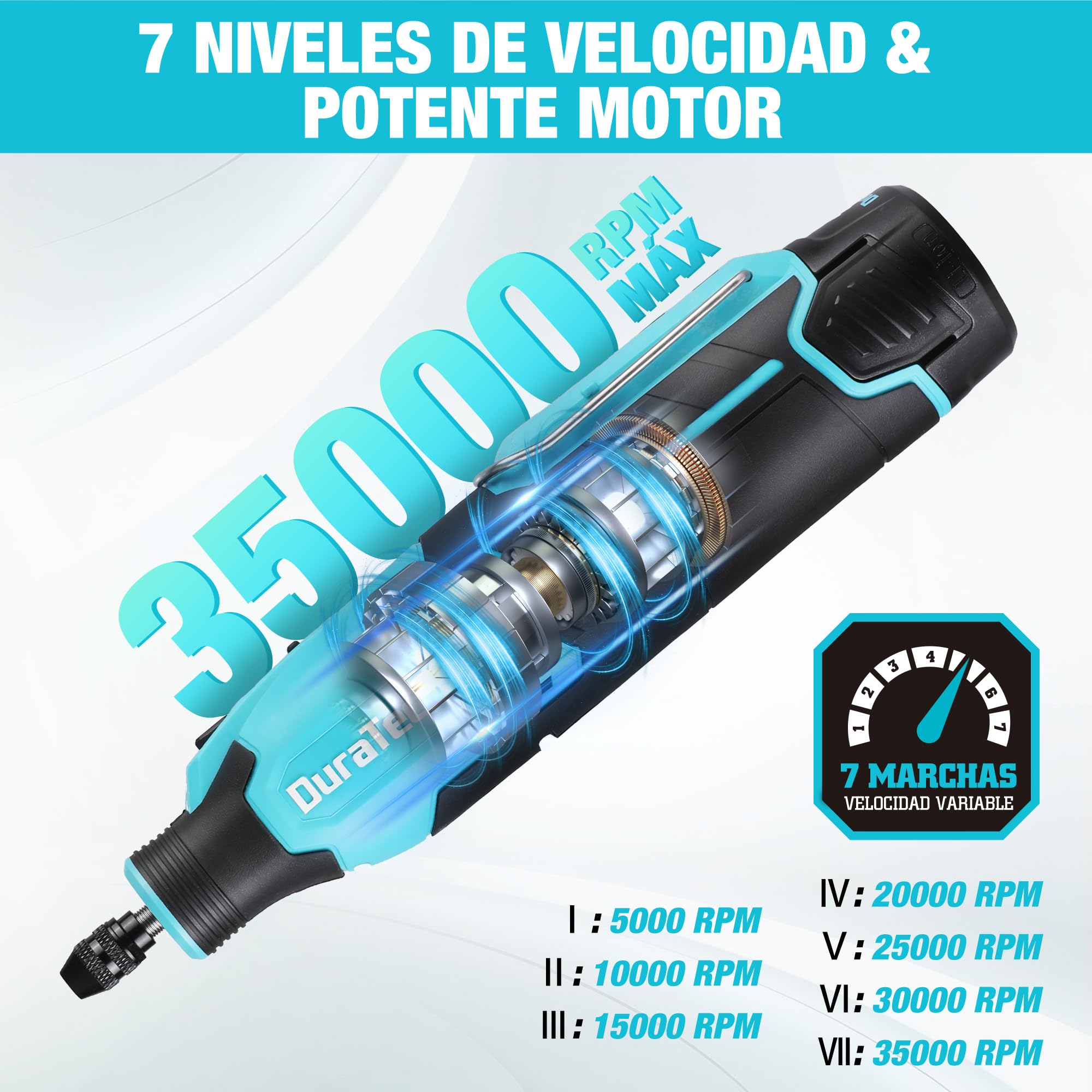 DURATECH Amoladora Inalámbrica de 12V, Multiherramienta Recargable de 35000RPM, Herramienta Rotativa con 118 Accesorios, 7 Velocidades Variables, para Cortar, Tallar, Grabar, Perforar