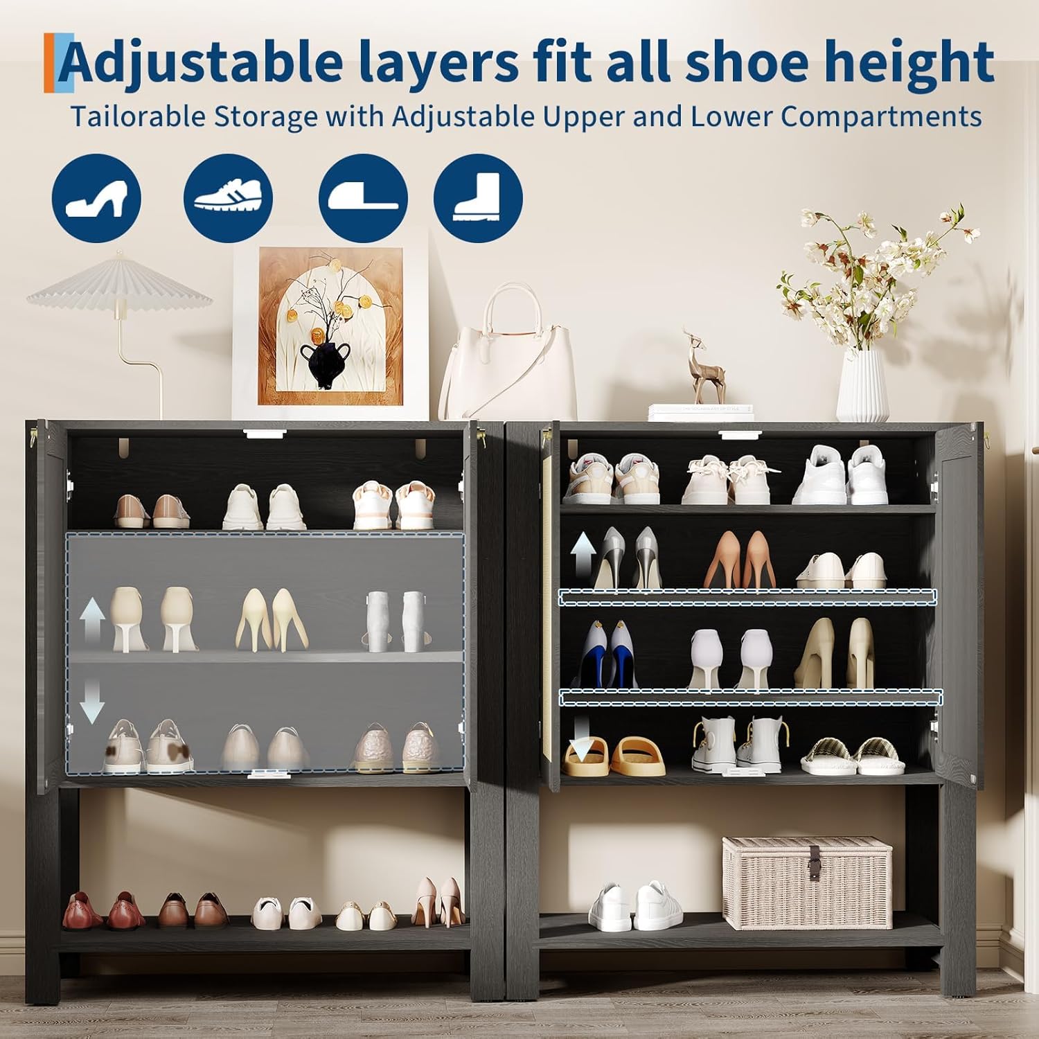 Rattan Shoe Storage Cabinet with 2 Doors - 40 Inch Farmhouse Freestanding Shoe Rack Organizer, Adjustable Shelves, Open Bottom Shelf for Entryway, Hallway, Living Room, Gray Oak