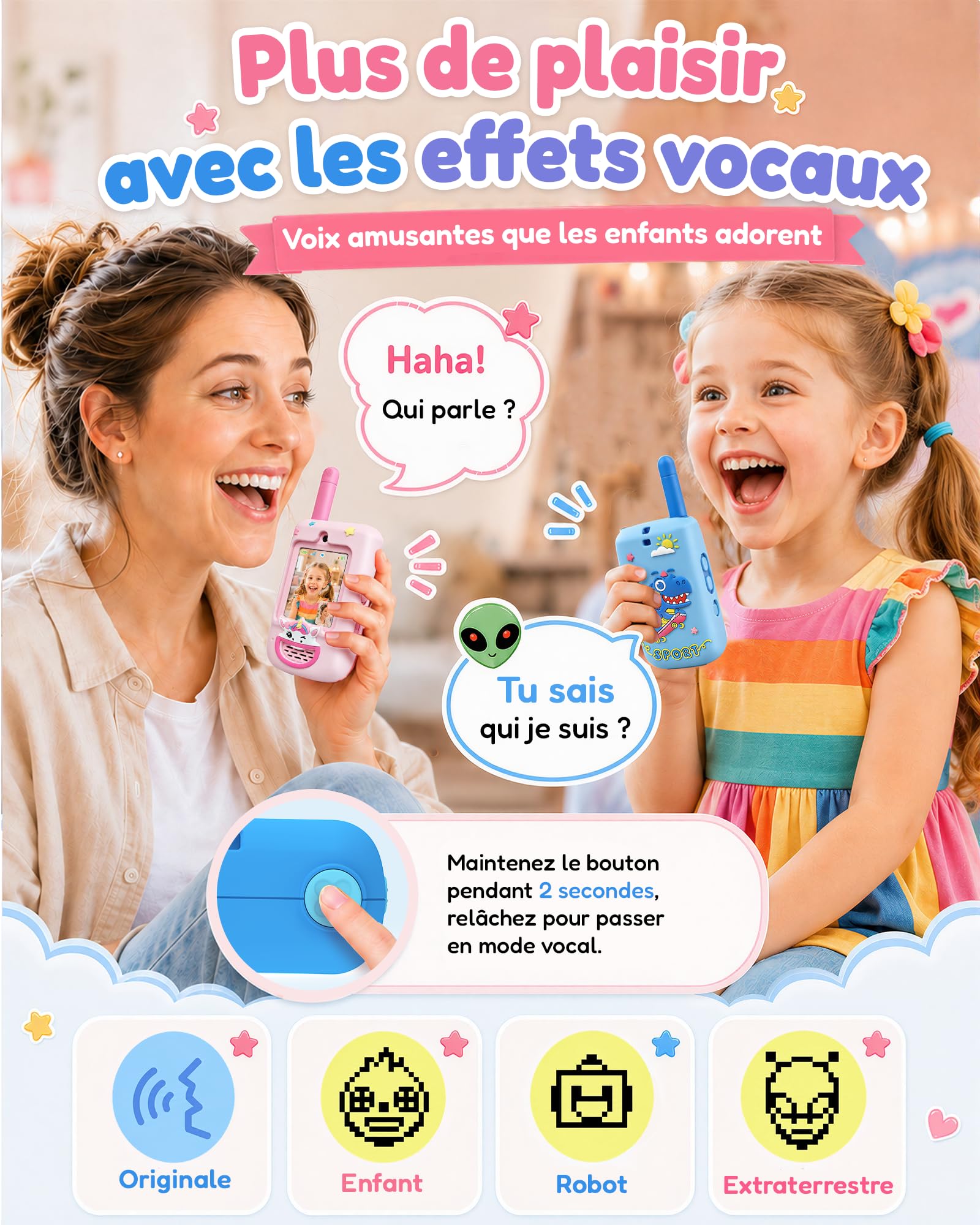 KOKODI Talkie-walkie Vidéo pour Enfants 3 à 9 Ans, Talkies Radio Rechargeables avec Écran Temps Réel et Coques Silicone Fun (Dinosaure Bleu & Licorne Rose)