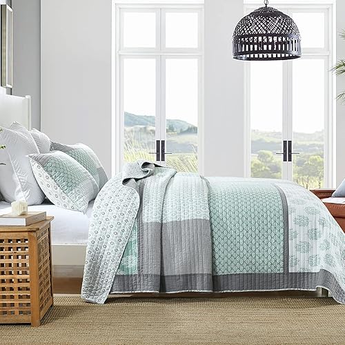 Miniatura 7 de KALOOLA Juego de edredón de retazos verdes, 100% algodón, juego de ropa de cama Queen de 3 piezas, colcha reversible de verano floral Queen, colcha