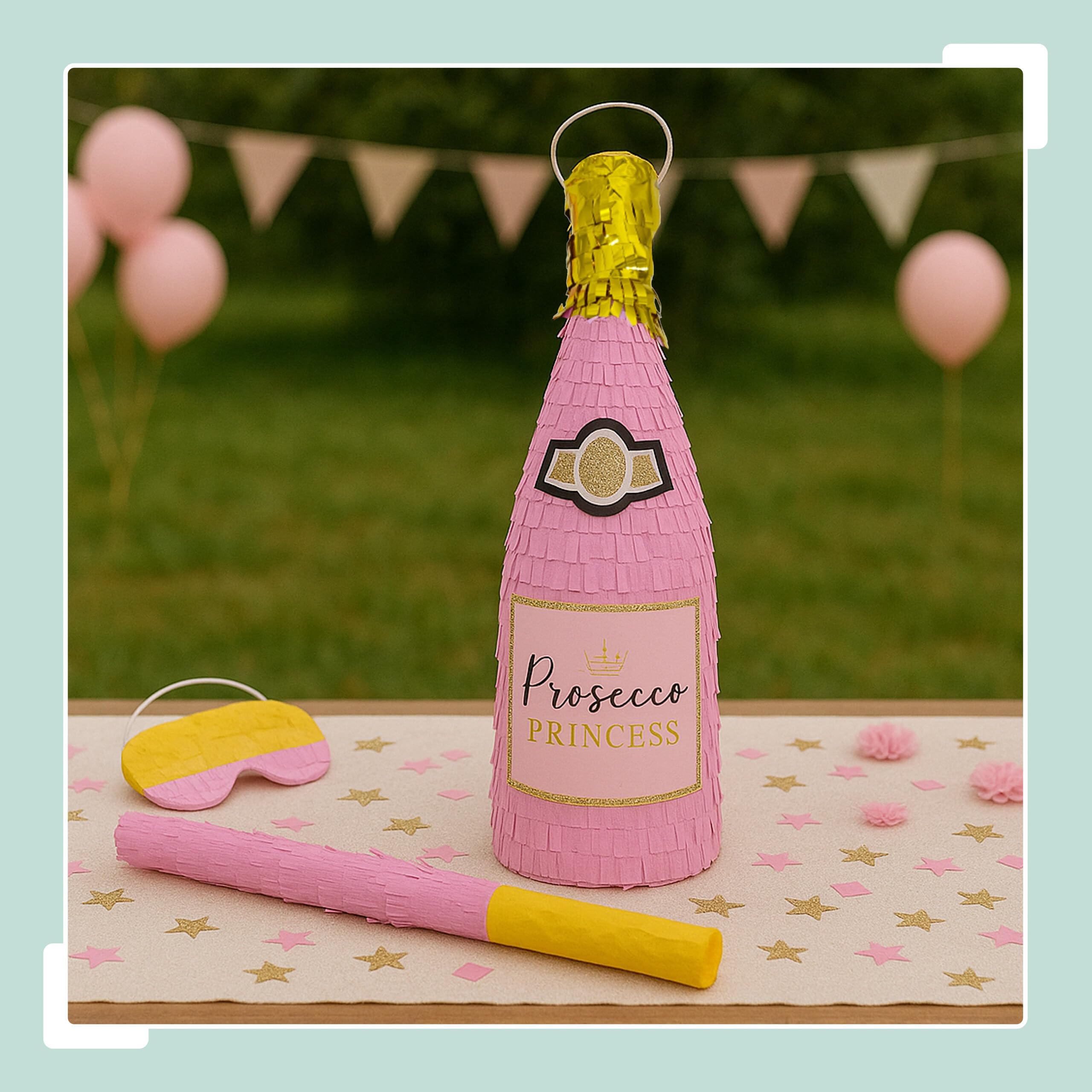 Relaxdays Piñata Botella de champán Colgante para cumpleaños, Rosa y Dorado, 51x13.5x13.5 cm, con Palo y máscara