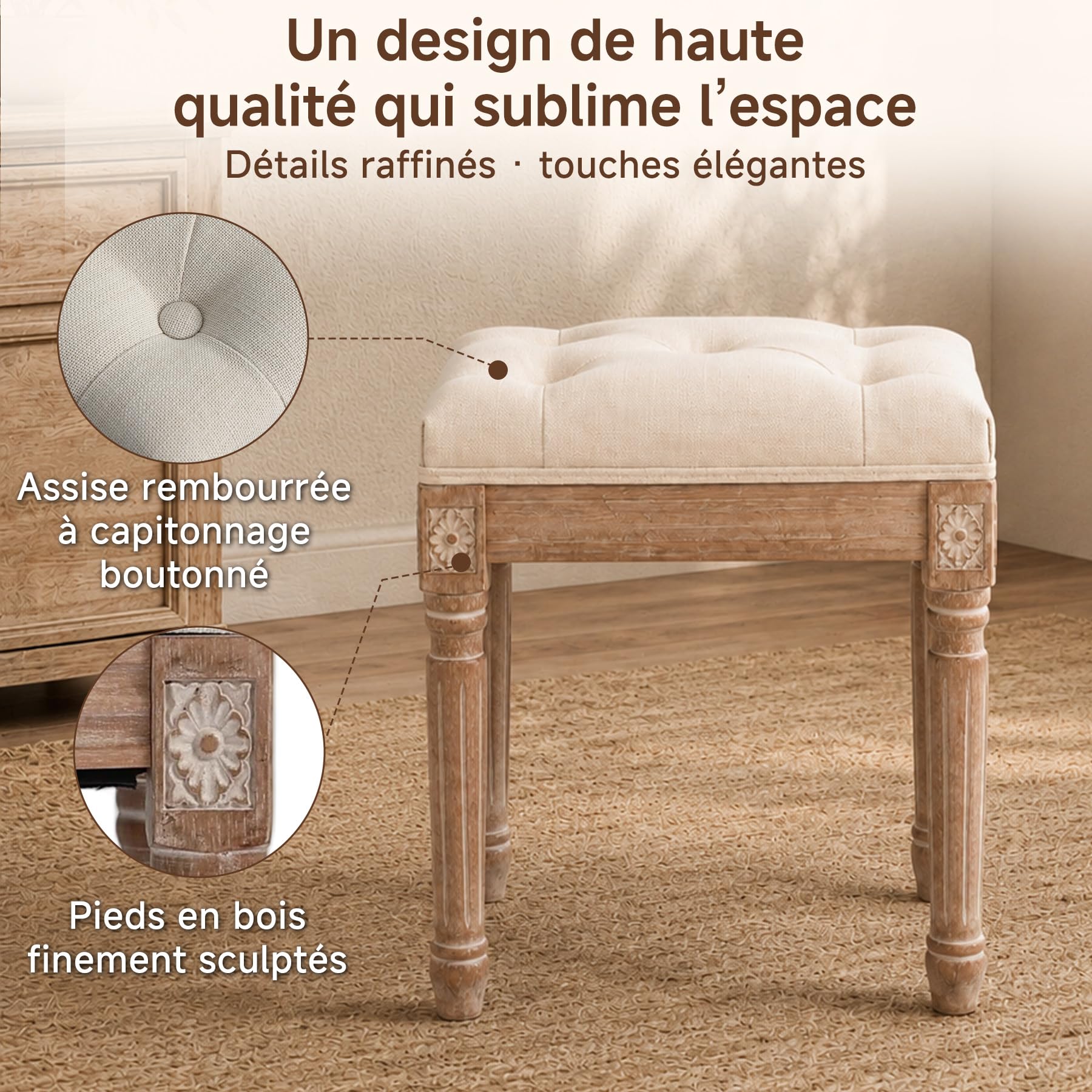 Tabouret Coiffeuse avec Tissu Lin et Pieds en Bois, Banc d’entrée