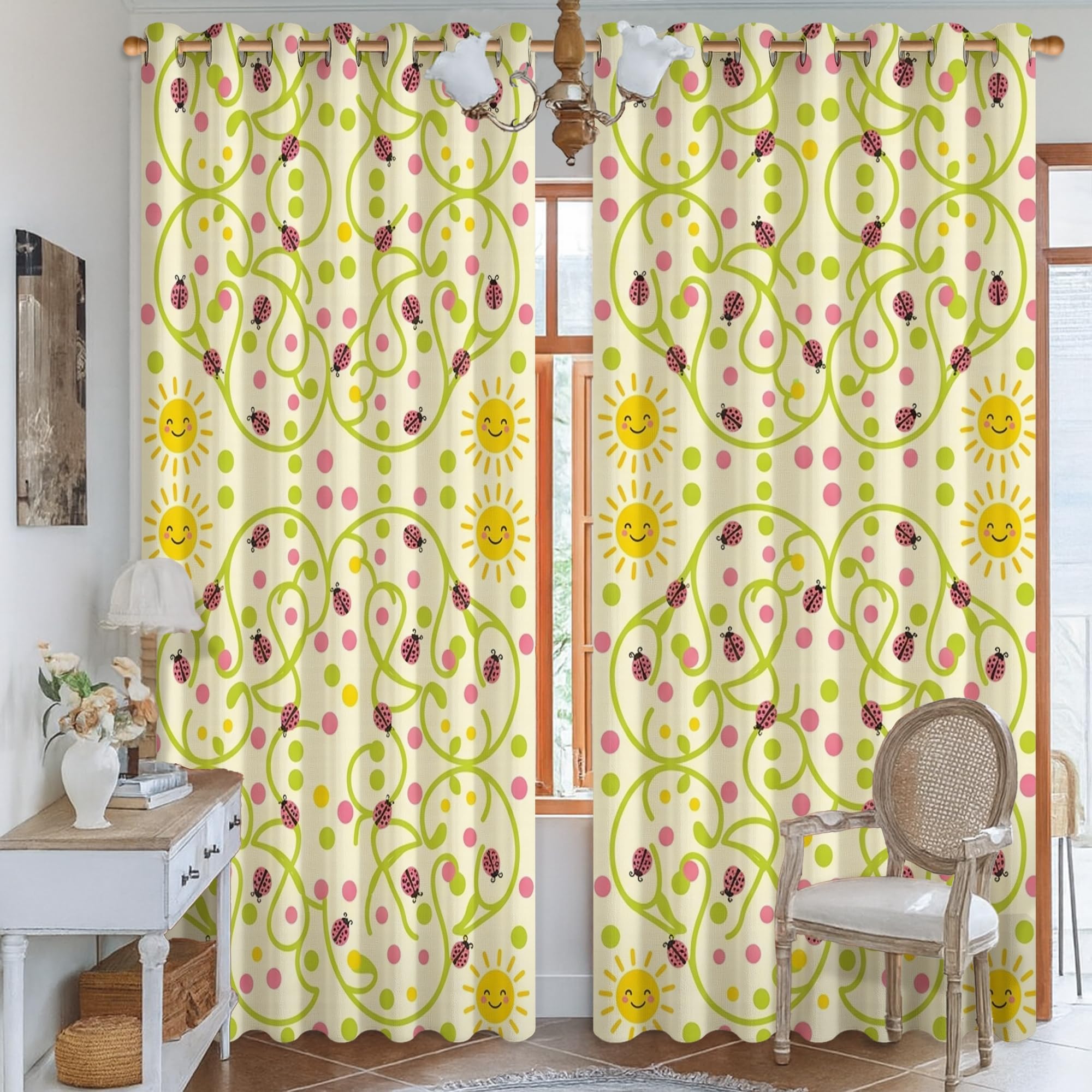 Tende oscuranti per sole, giocose fantasiose coccinelle rampicanti gialle termiche tende per finestre per ufficio, 132 x 239 cm