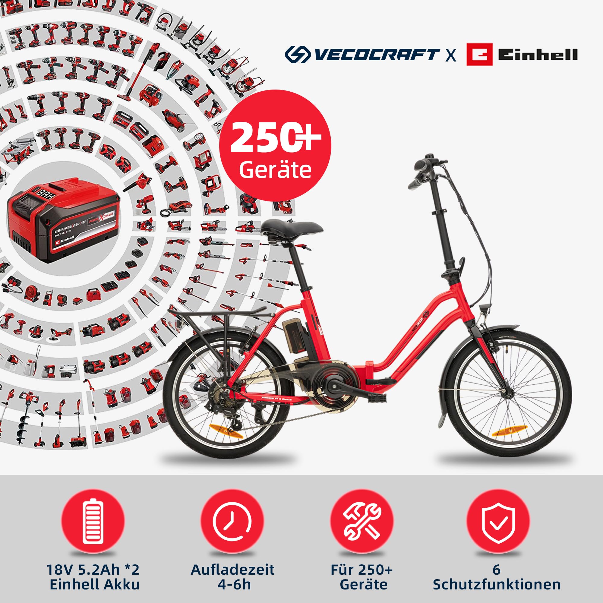 VecoCraft FOLDY-E Doppelbalken e-Bike klapprad 20 Zoll, kompatibel mit  Einhell 18V 2x5.2Ah Akkus, e Bike mit Shimano 7-Gang Schaltung mit 25 km/h  250 W Motor, klappfahrrad Erwachsene : Amazon.de: Sport & Freizeit