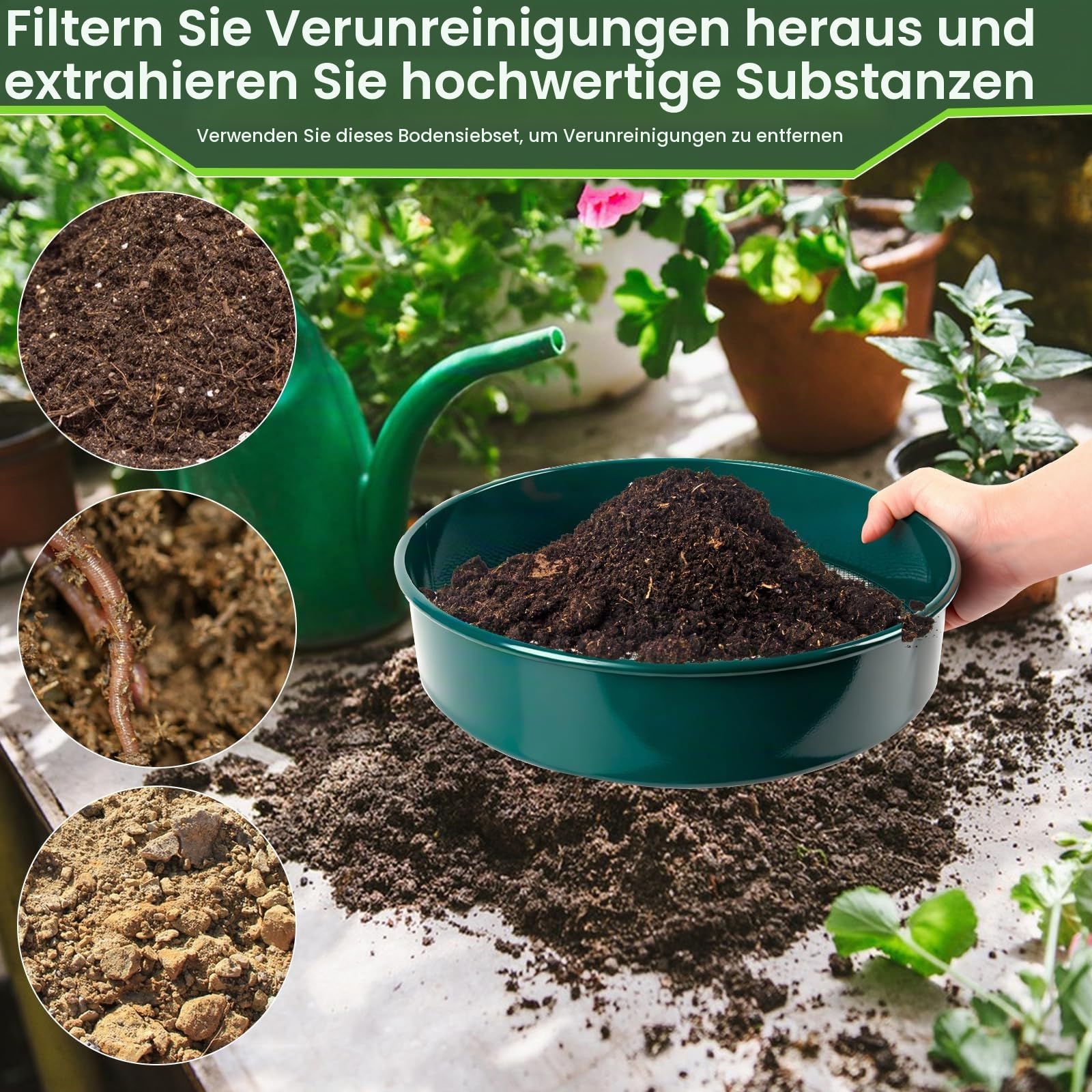 CDIYTOOL 8pcs Gartensieb Set, 30cm Rund Erdensieb Garten Potting Mesh Sieb mit 5 Filtern 3/5/8/10/12mm für Erde, Steine, Unkraut, Katzenstreu, Kompost