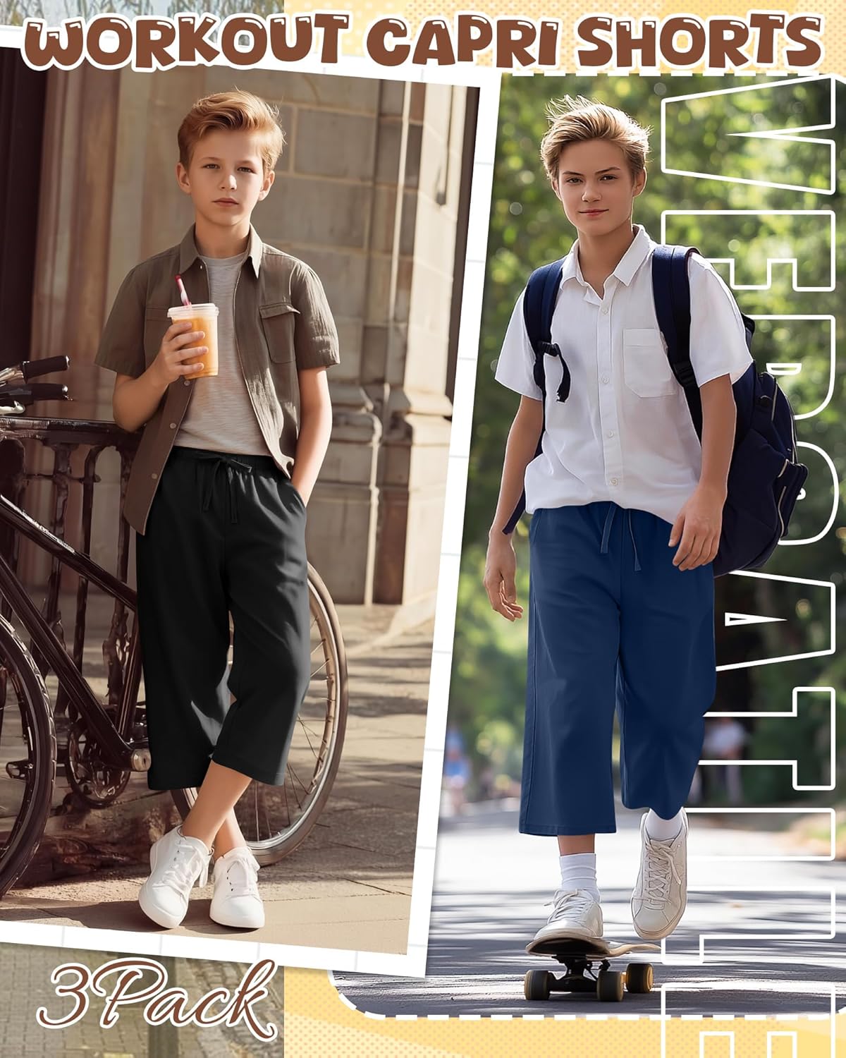 3 Pack Boys' Capri Pants Kids Baggy Below Knee 3/4 Pants Loose Summer Sweatpants Athletic Capri Shorts with Pockets