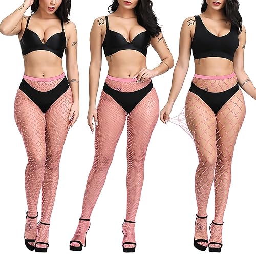LittleForBig Hohe Taille Fischernetz Strumpfhosen Netzstrümpfe Netzstrumpfhose 3 Paare - Rosa