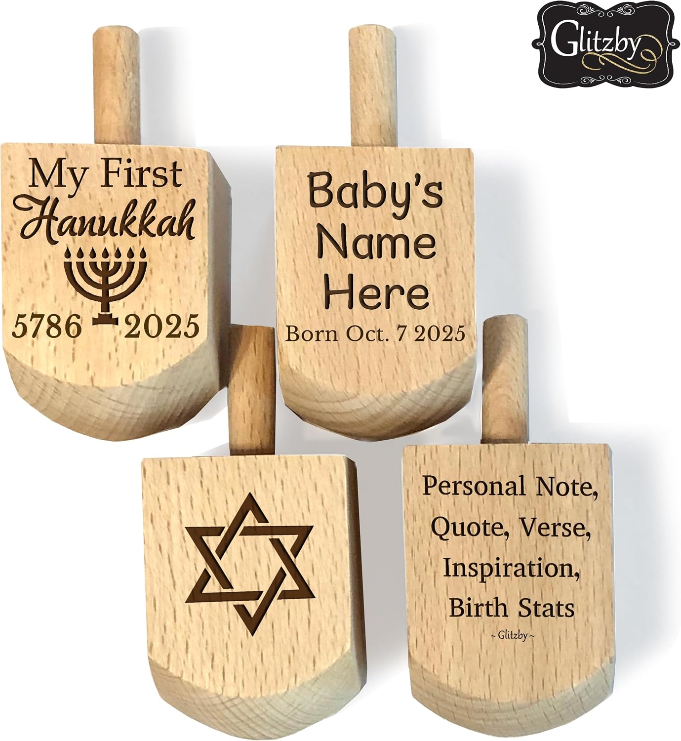 Glitzby Personalized Dreidel for Hanukkah - Jewish Gift - Custom Engraved with Name and Year - Premium Hardwood Spinning Toy
