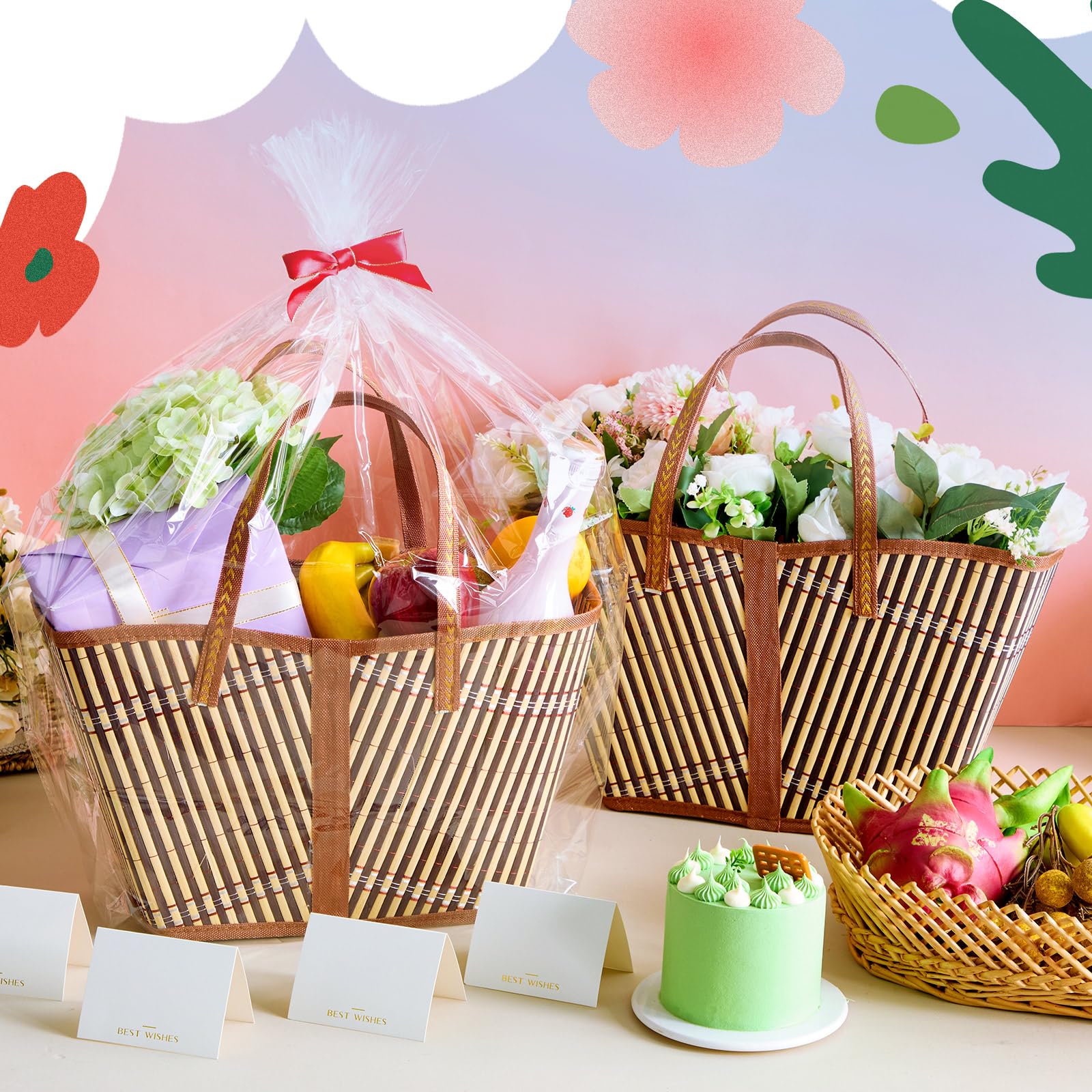 Quzzil Set di 6 cesti per regali vuoti, robusti e grandi, in bambù, con manico, con fiocco rosso da riempire per festa del papà, Natale, matrimoni, baby shower, compleanni, biglietti regalo