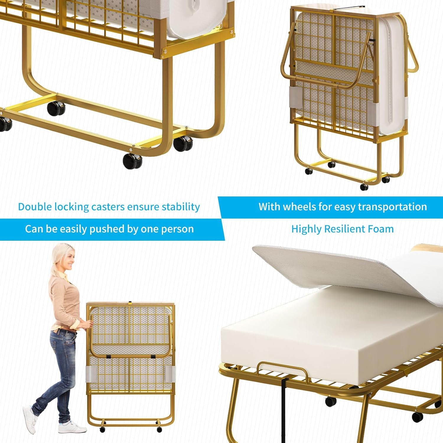 Mjkone Folding Bed with 5 Inch Memory Foam Mattress, 75x45 Upgraded Size Gold Frame, Single Rollaway Bed for Guests, Space Saving Portable Bed with Lockable Wheels, Easy Assembly & Moving