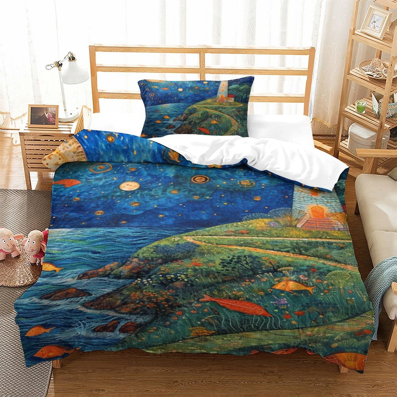 Housse de couette phare de la côte 3D avec fermeture éclair literie 135x200cm microfibre single