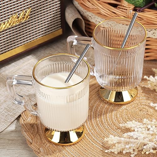 Miniatura 2 de Joeyan Tazas de café de vidrio con asa, tazas de café transparentes acanaladas vintage, tazas de café café con leche, capuchino, tazas de leche de