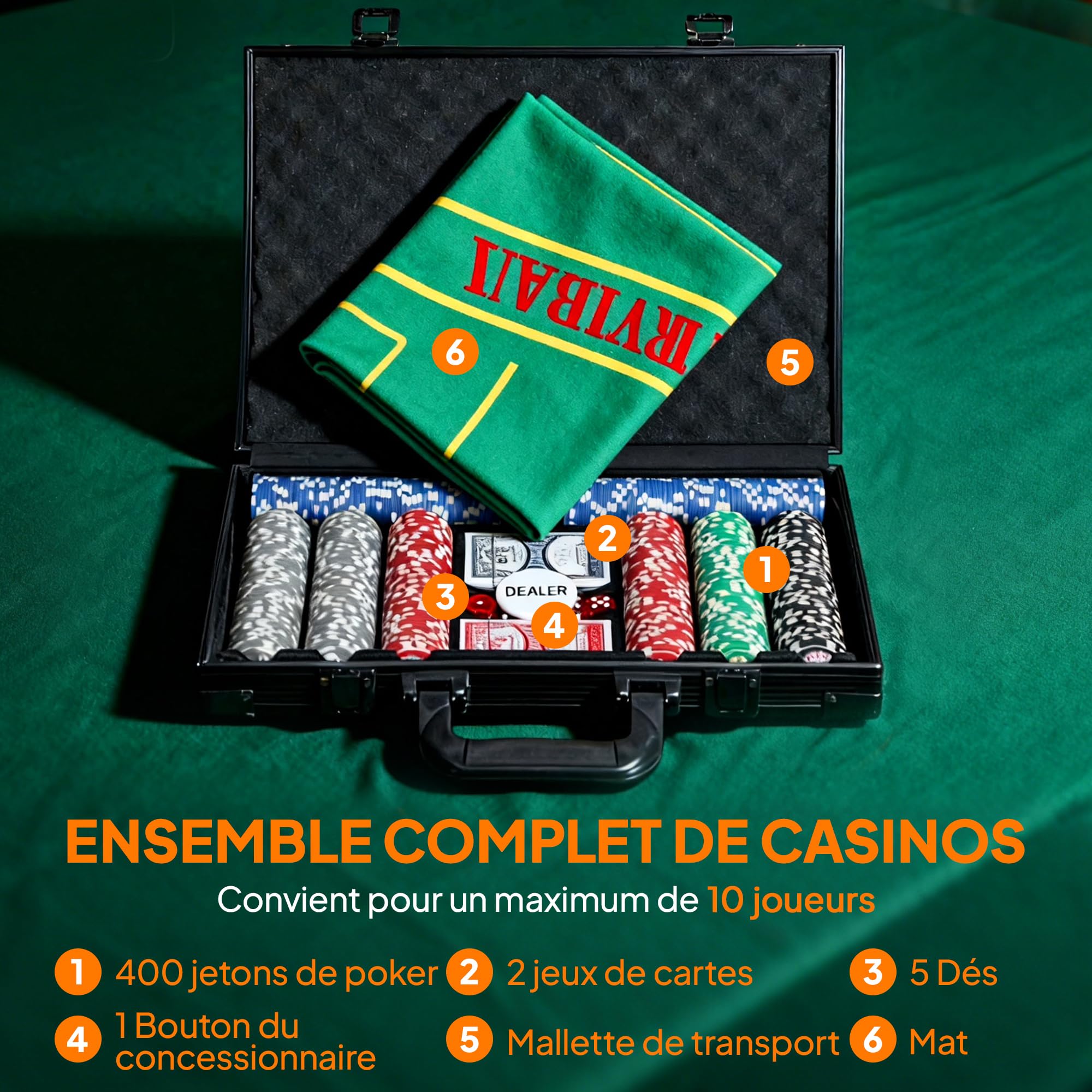 SPORTNOW Mallette de Poker Coffret de Poker Complet 400 Jetons, Boîtier en ABS, Cartes à Jouer, dés, Dealer, Tapis, pour Jeux Blackjack et Texas Holdem