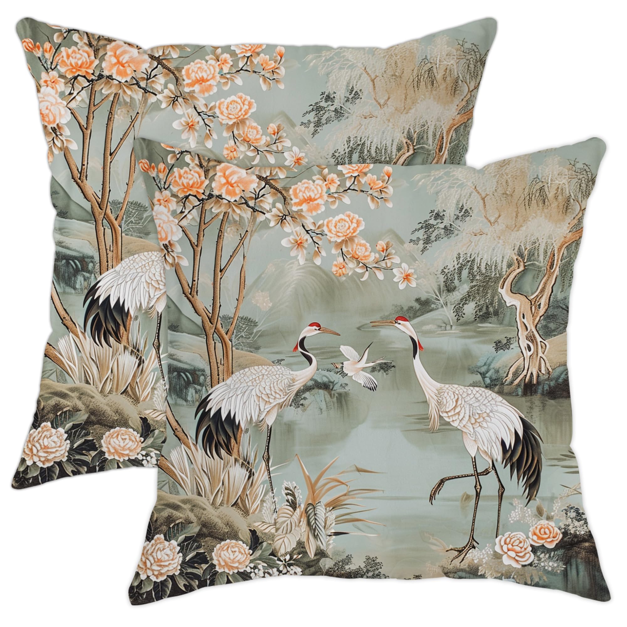 Japanese Crane Throw Pillow Covers Chinese Ink Painting Floral Lake Retro Willow Mountain Gray Blue Cozy Velvet Pillow Covers Set of 2 Living Room Bedroom Cushion Pillowcases 16x16inch