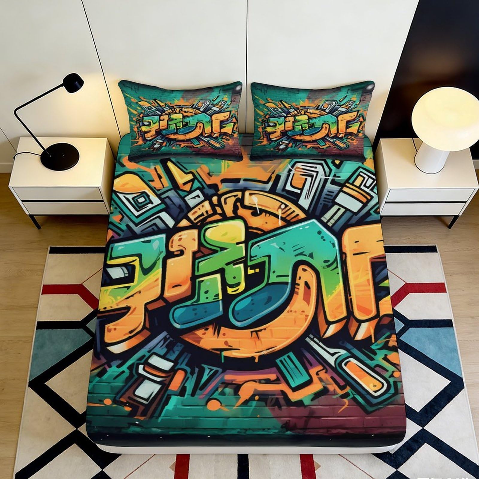 Pnayamiorkfel Style-10 3D Printed Graffiti Art Fitted Sheet Microfiber Urban Street Style Mattress Cover Vibrant Colour Bedroom Decor 90X200x25cm