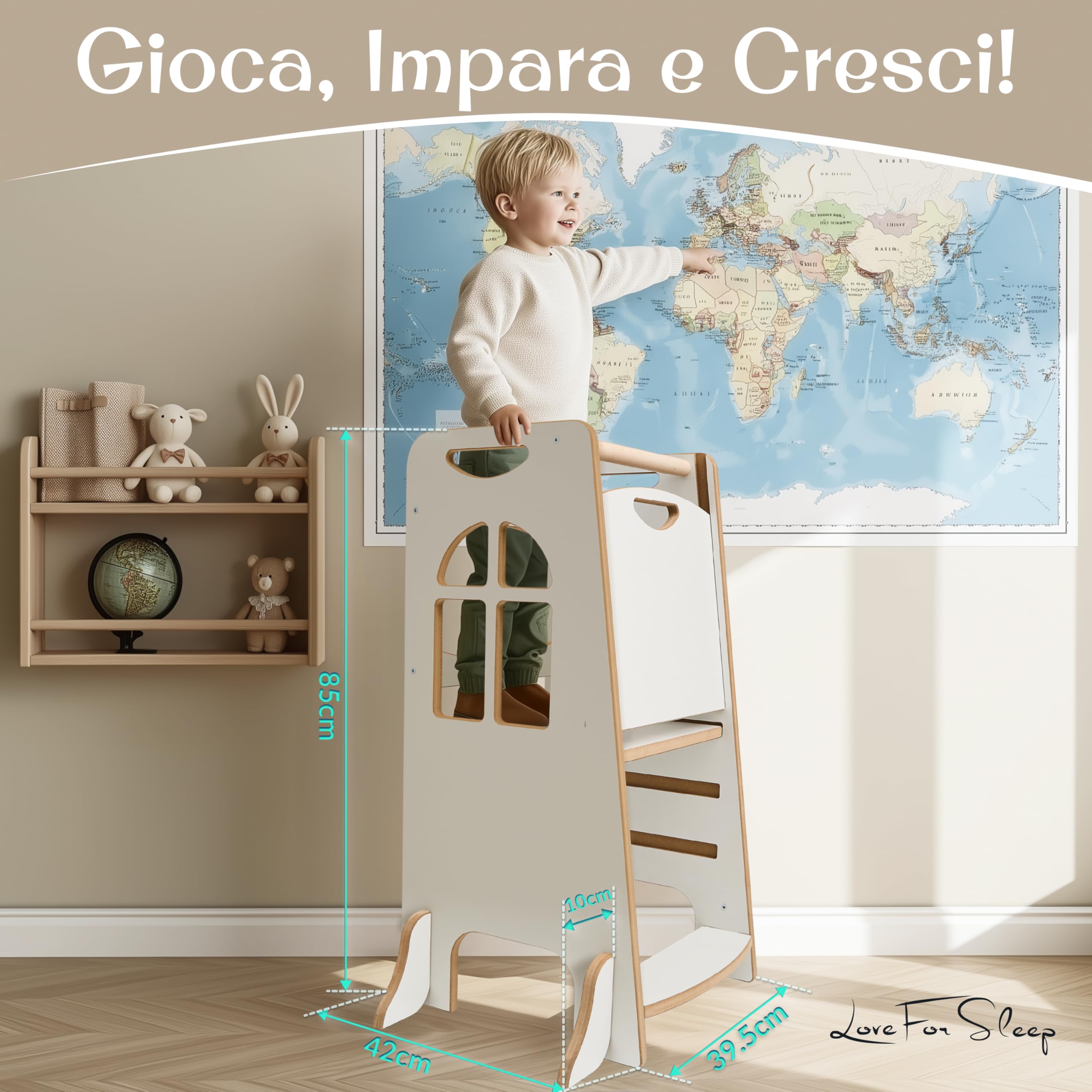 Torre Montessoriana in legno – Torre Apprendimento Montessori regolabile per bambini 2–6 anni, con 3 altezze sicure,Con supporti laterali anti-ribaltamento e pannello di sicurezza posteriore