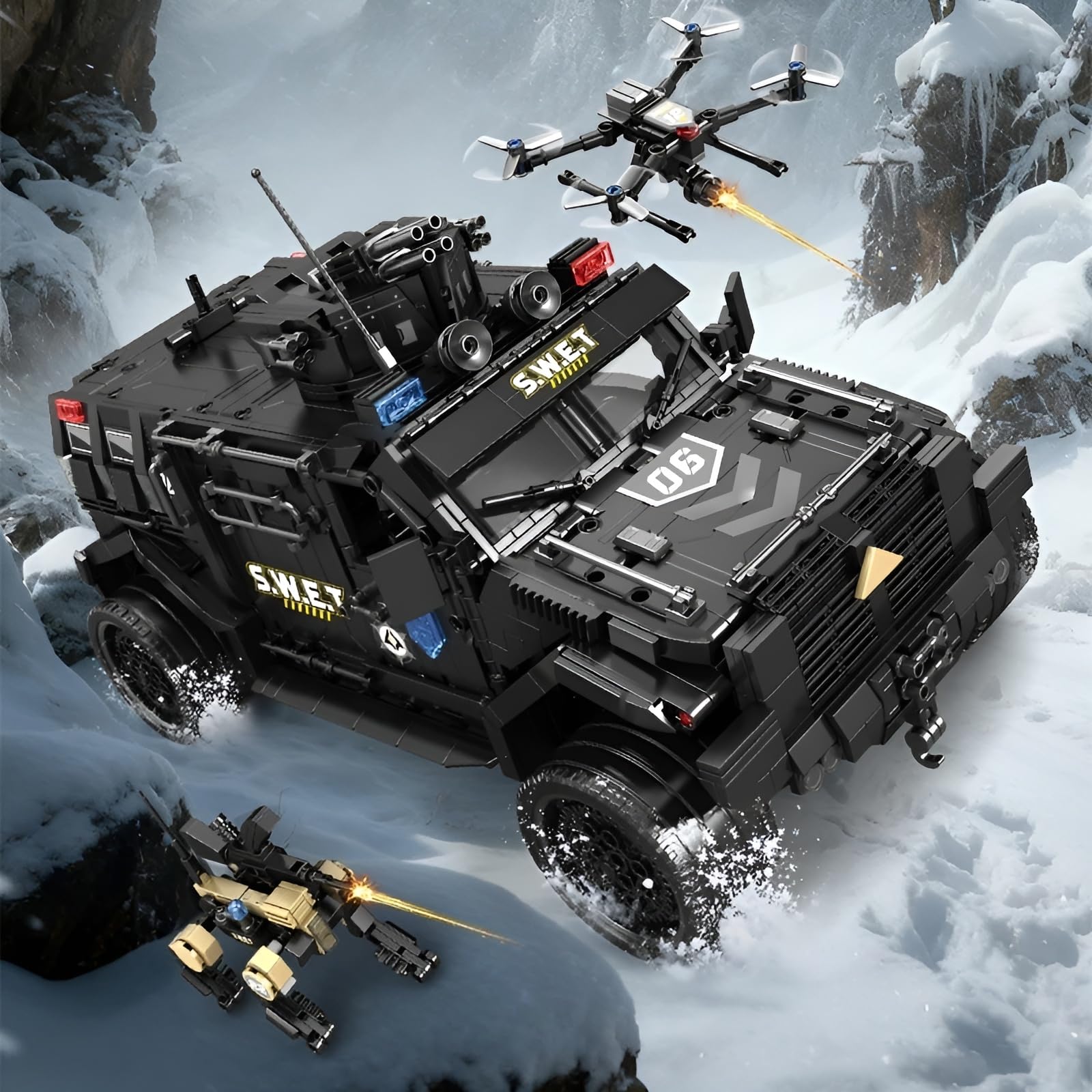 Kit di costruzione per auto della polizia, 1999 pezzi, veicoli corazzati, veicoli fuoristrada pesanti, oggetto decorativo, collezione hobby, idee regalo per gli amanti dell'esercito