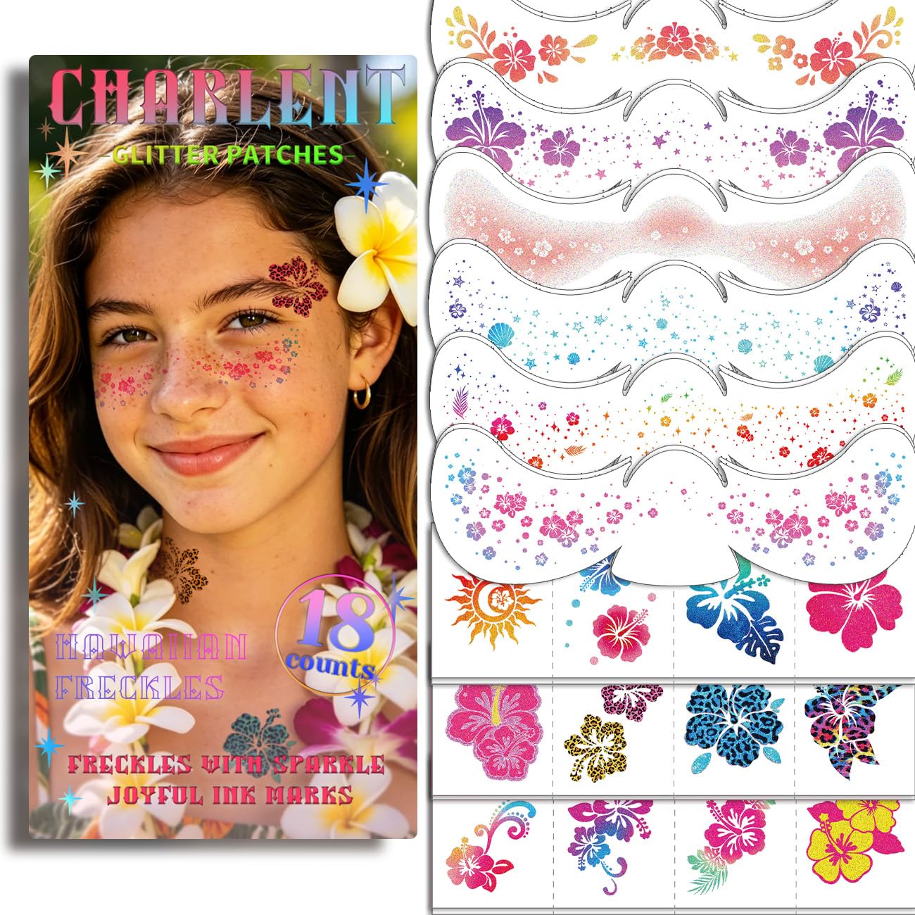 CHARLENT Glitter Hibiscus Face Tattoos for Aloha Party Decoration