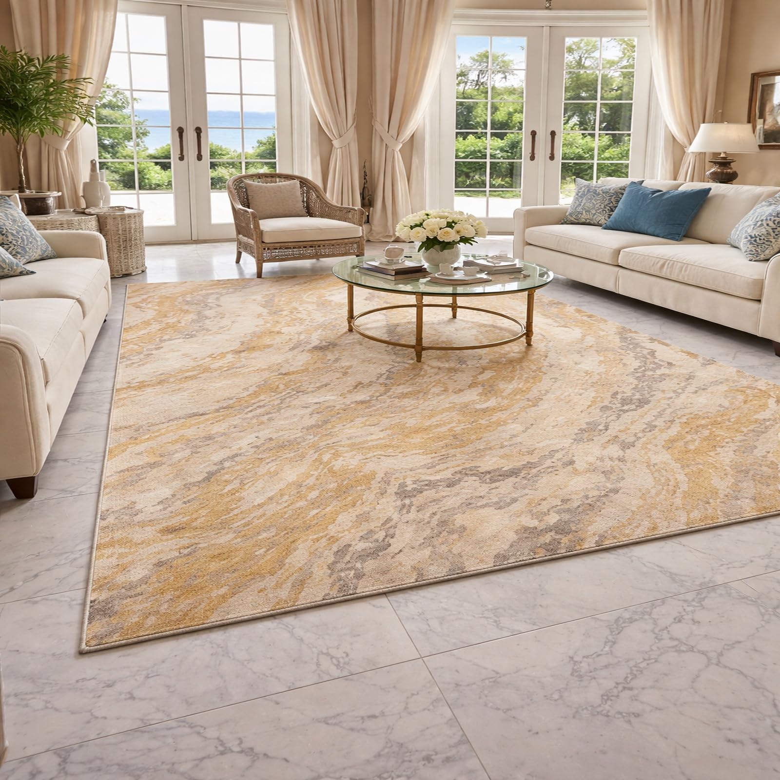 Tapis salon moderne abstrait beige gris jaune rectangulaire 200x300