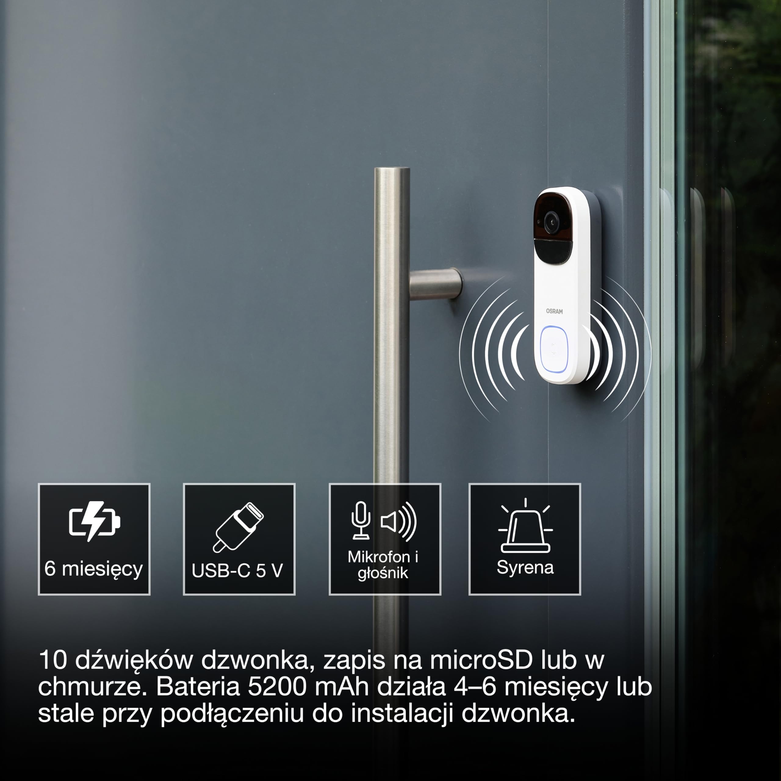 OSRAM SMART+ WiFi 3MP Dzwonek wideo 2K Bateria IP66 Biały Dzwonek wideo SMART+ Wi-Fi 3 MP 2K, czujnik PIR, bateria 5200 mAh, dzwonek, kąt widzenia 160°, kompatybilny z Alexa, biały | Smart + WiFi kamera zewnętrzna do drzwi, akcesoria do oświetlenia zewnęt