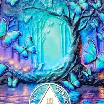 Serenity Prayer Recovery Coin Butterfly Tree Design with Unity, Service, and Recovery Triangles Challenge Coin Sobriety Sober Coin NA AA Chips and Medallions (Blue Butterfly Tree, 3 Years)