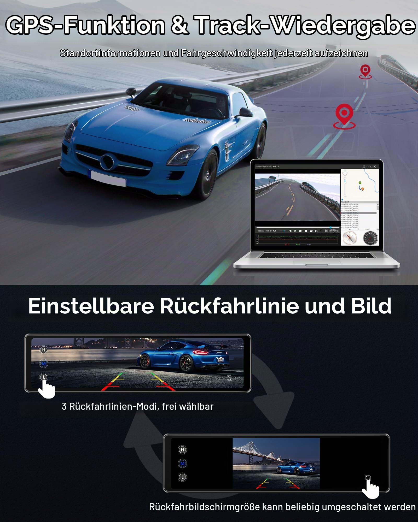 4K+2.5K Dashcam Auto Spiegel Dashcam mit Rückfahrkamera 12''Spiegel Vorne Hinten Auto Kamera mit GPS und 64G SD-Karte WDR Loop-Aufnahme G-Sensor
