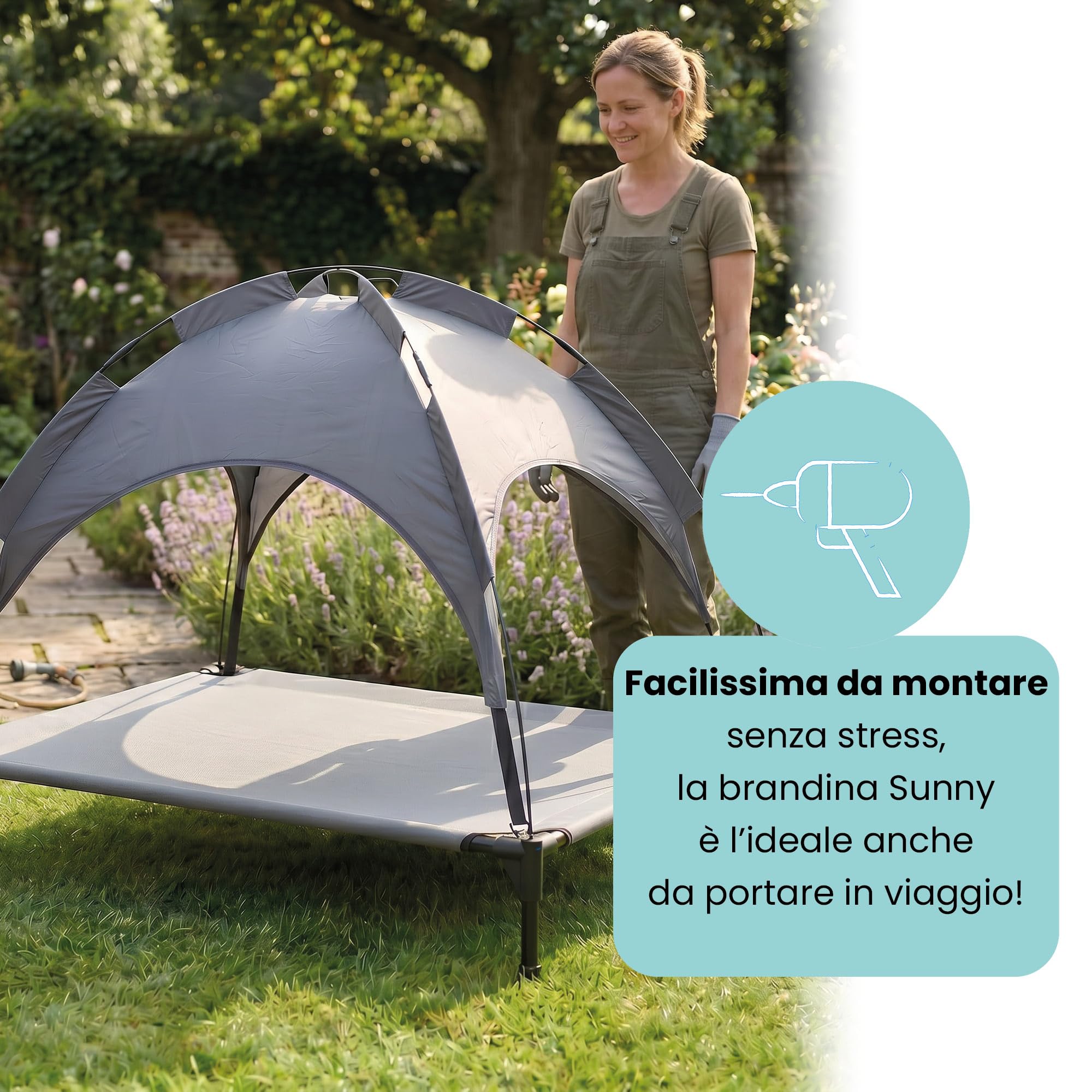 Italian Bed Linen – Brandina Rialzata per Cani "Sunny", Lettino con Tettuccio Protezione UV e Impermeabile, Tessuto Traspirante Anti-Umidità, Portata 50kg, Ideale per Esterno e Giardino, 105x85x85 cm