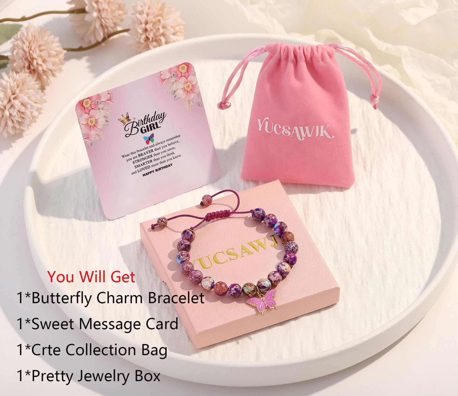 Braccialetto di compleanno per 6-18 anni, braccialetto con ciondolo a forma di farfalla con pietra naturale viola, regalo per figlia, nipote, nipote, adolescente, regalo per le vacanze