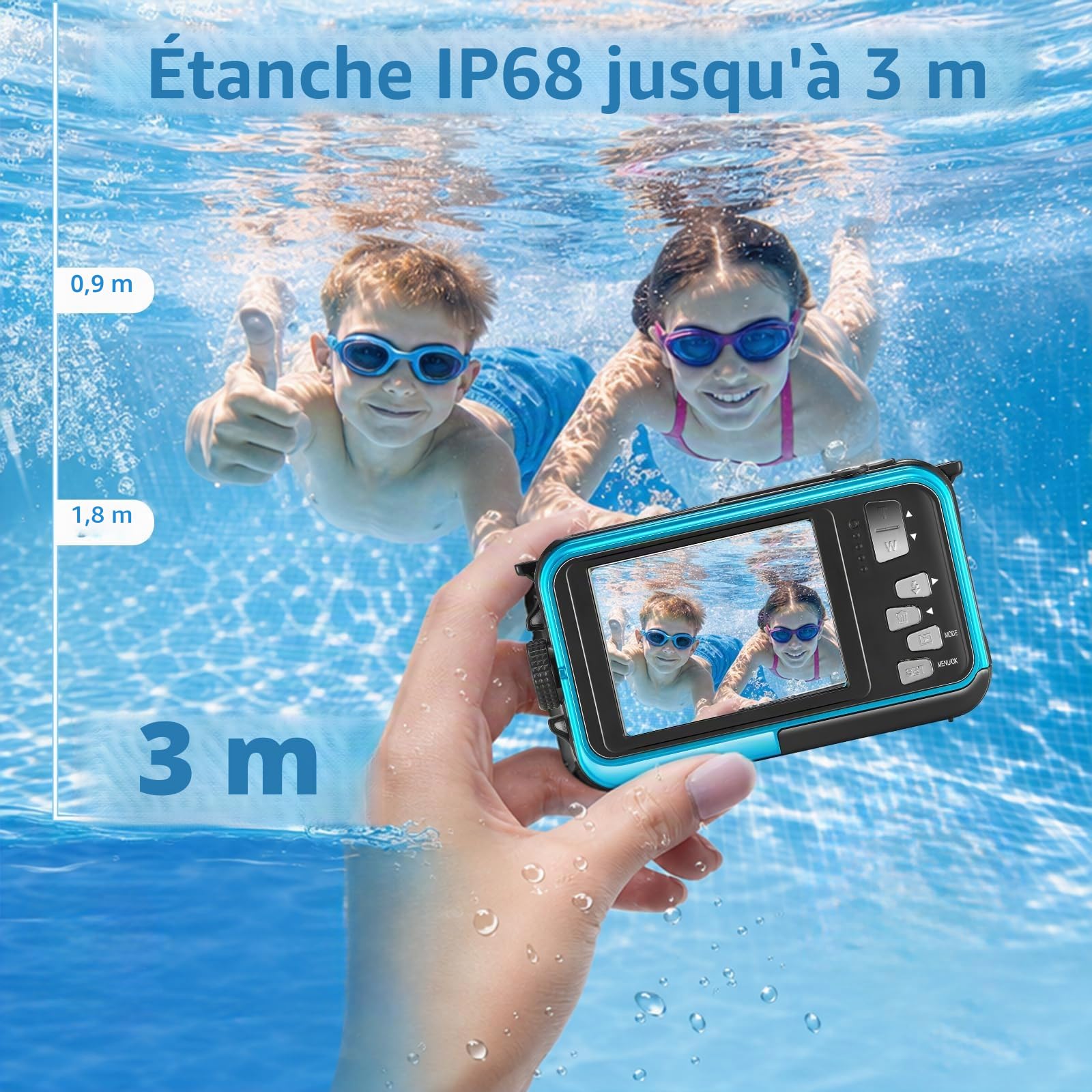 Appareil Photo Numérique Étanche, Caméra sous-Marine HD 2.7K 48MP avec Double Écran pour Snorkeling 3M pour Nager, Zoom Numérique 16X Anti-Secousse, Bleu