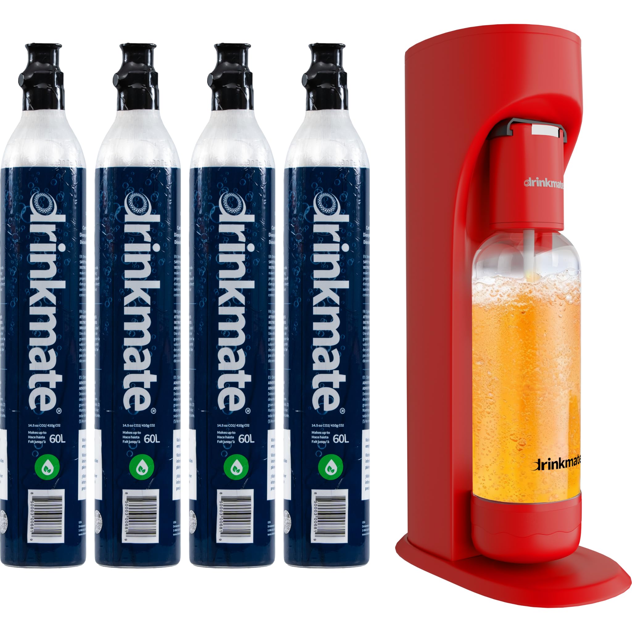 DrinkMateOmniFizz Sparkling Beverage Maker CO2 Bundle - Sparkling Water/Soda Streaming Machine That Carbonates Any Drink - Includes 4 CO2 Cylinders, 1 Carbonation Bottle, 1 Fizz Infuser - Royal Red