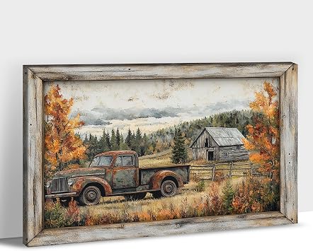 Hzddty Farmhouse Wall Art, Rustic Fall Forest Barn and Old Truck Pictures Canvas Prints Wall Art Decor for Living Room, Vintage Country Barn Paintings Artwork for Bedroom 24x36 Inches