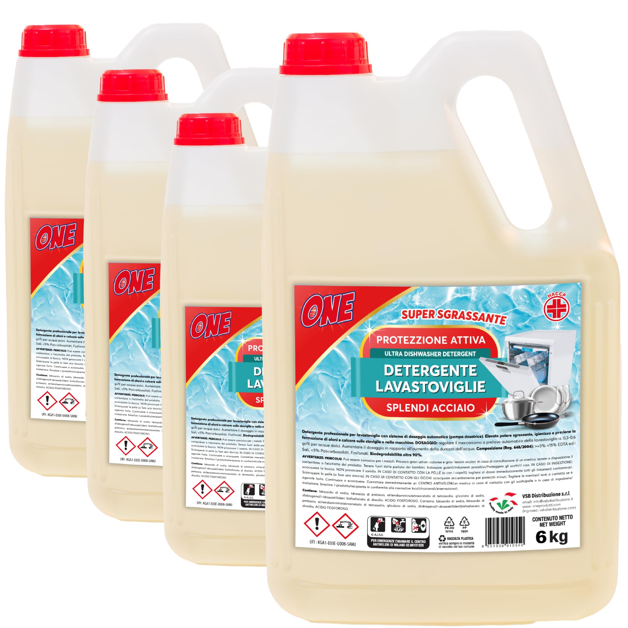 ONE 20 Litri di DETERGENTE SPECIFICO PER LAVASTOVIGLIE AD USO PROFESSIONALE Perfetta pulizia e brillantezza di vetro, acciaio, piatti (4 x taniche da 5 lt) Protezione Attiva Super Sgrassante