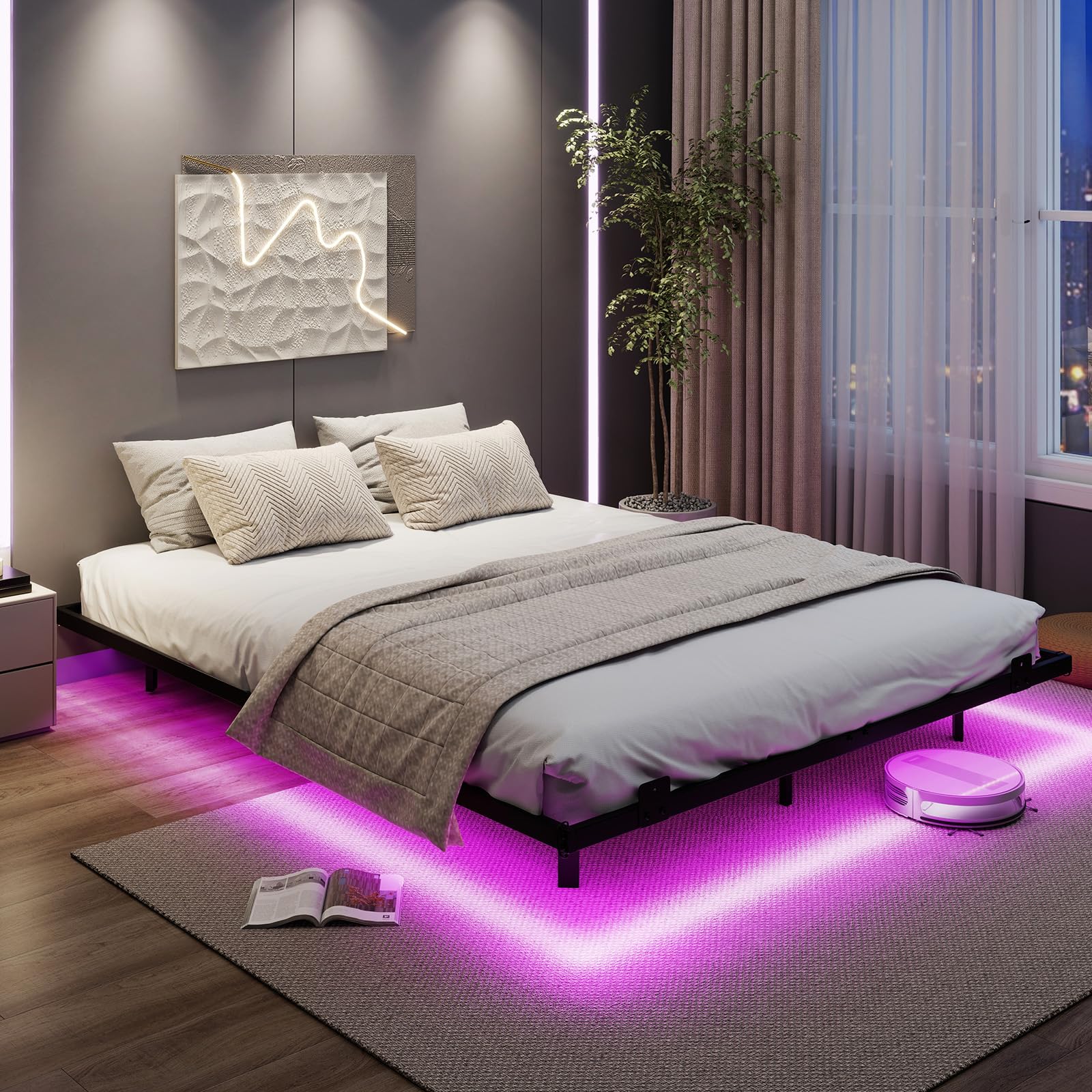 COSTWAY Estructura de Cama Flotante con Luces LED, Marco de Cama de Metal, Cama Plataforma Moderna con Tope Antideslizante para Colchón, Base de Láminas Resistentes (200 x 160 x 24 cm)