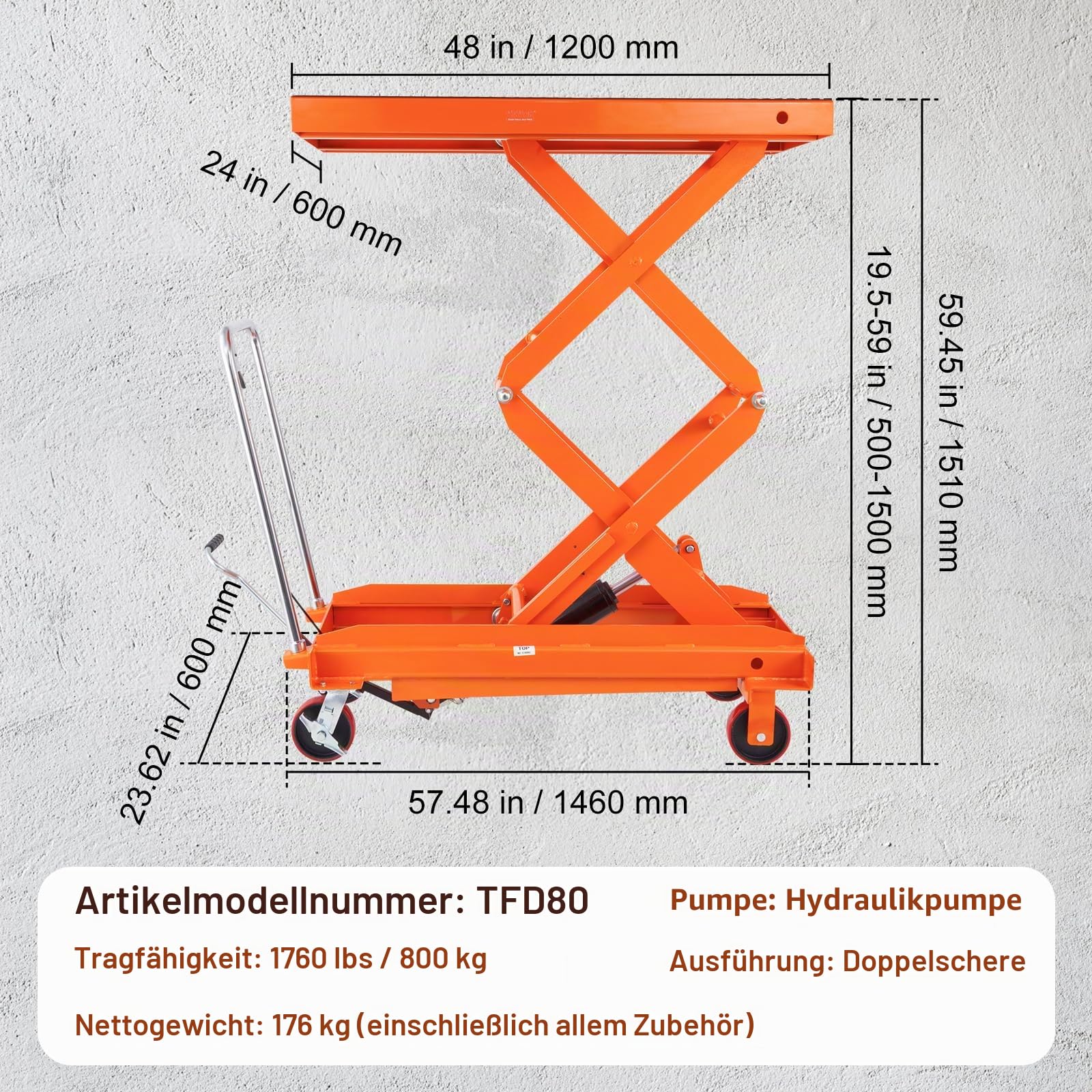 VEVOR hydraulischer Hubtischwagen, 1760 lbs Kapazität, 59" Hubhöhe, manueller Doppelscherenhubtisch mit 4 Rädern und rutschfester Unterlage, hydraulischer Scherenwagen für Materialhandhabung und Trans