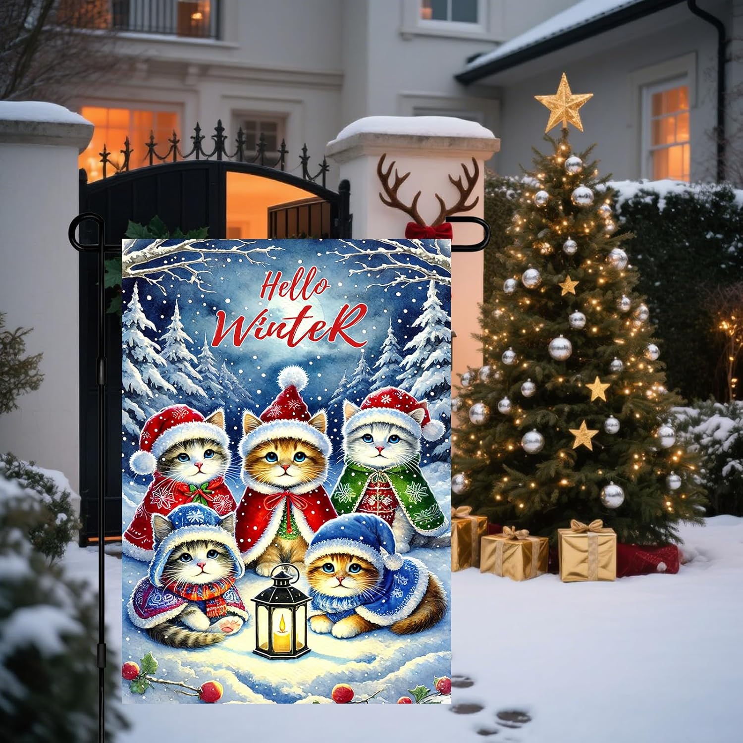 Winter Garden Flag 12x18 Inch Christmas Garden Flag Snowy Forest Kitty Yard Banner Seasonal Welcome Winter Cat Gardens Flags for Porch Lawn Patio Holiday Decor - Image 5